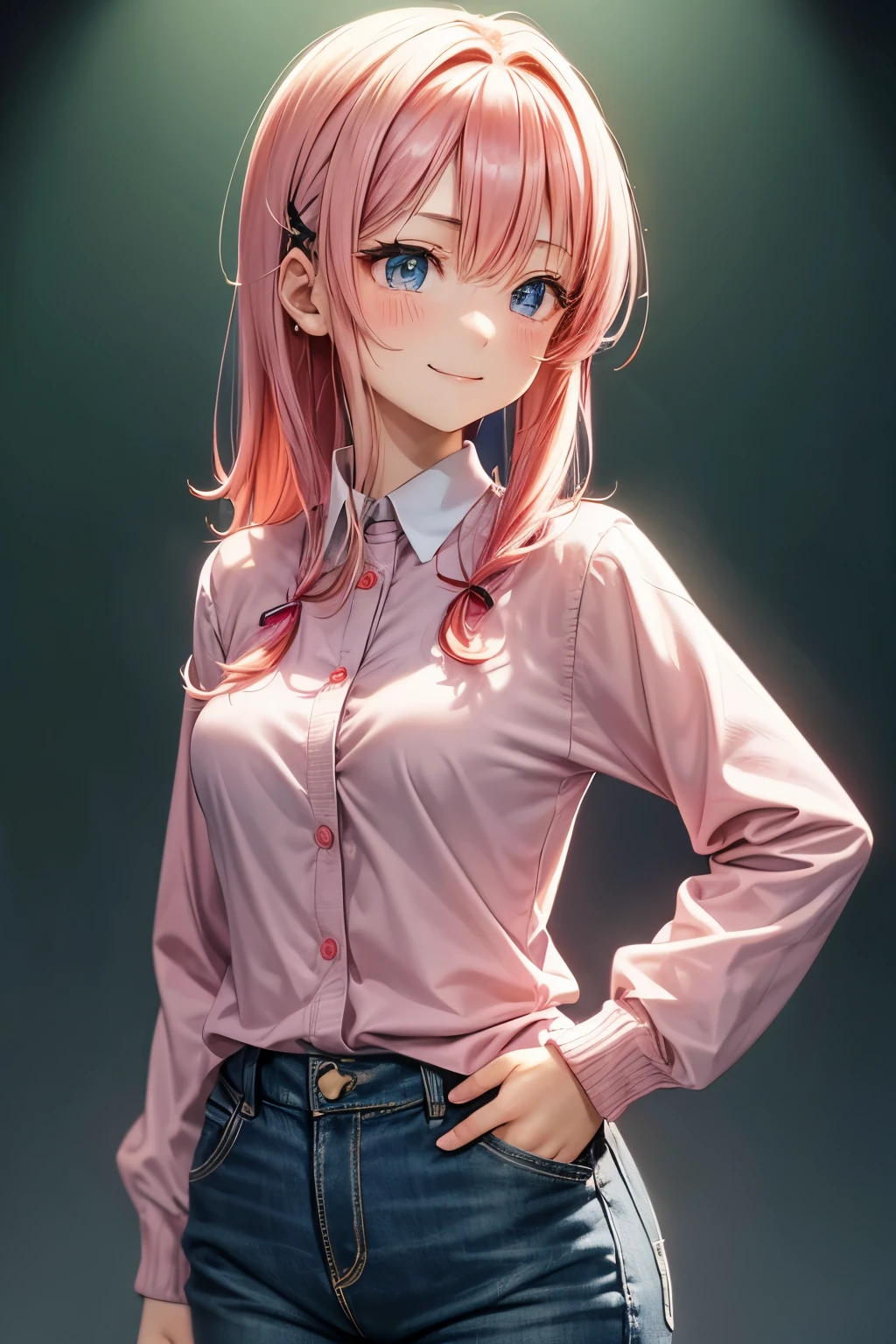 A 26 years old Japanese lady (( slender, medium breast )), , whole body straight medium hair(( light red hair ))(( one dianthus motif small hairpin )), much shaggy forelock, ((pink gradients )) colors cardigan ((light green and indigo gradients color shirt )), holding her arms in front,looking back pose,(( corners of her mouth are rising)),((no background))(( blue eyes, smile calmly )), put her hands in her pockets