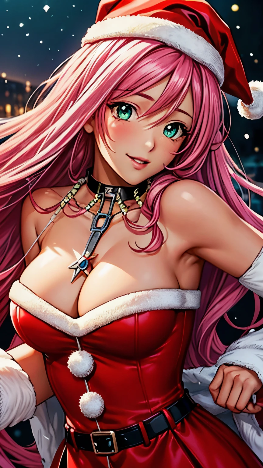 The best piece, Artistically beautiful, Bright pink Hair, Letting down your bangs, greeneyes with slit pupils, santa costume, Santa's Hat, christmas armor, Santa Claus's coat, Use blizzard magic, Photorealsitic, An ultra-high picture quality, hightquality,​ masterpiece, Digital SLR, Detailed details, Intricate details, Based on anatomical grounds, Depicted in detail, Detailed face, realistic skin textures,Vivid details, perfect anatomia, perfect anatomia, Anatomically correct hand, Anatomically correct fingers, Super Detail,Complex 3D Rendering, sexy pose, bright red claws, beautiful christmas, Fantasy worldview, Gorgeous Christmas Tree, white Christmas, neon color, Beautiful cityscape, mysterious snow scene, It's snowing, Picturesque beauty, Photograph the whole body,9 head body, Red Lip, Beautiful curly hair, Luxurious necklace, emphasize the beautiful whole body,B eautiful nails, A smile,