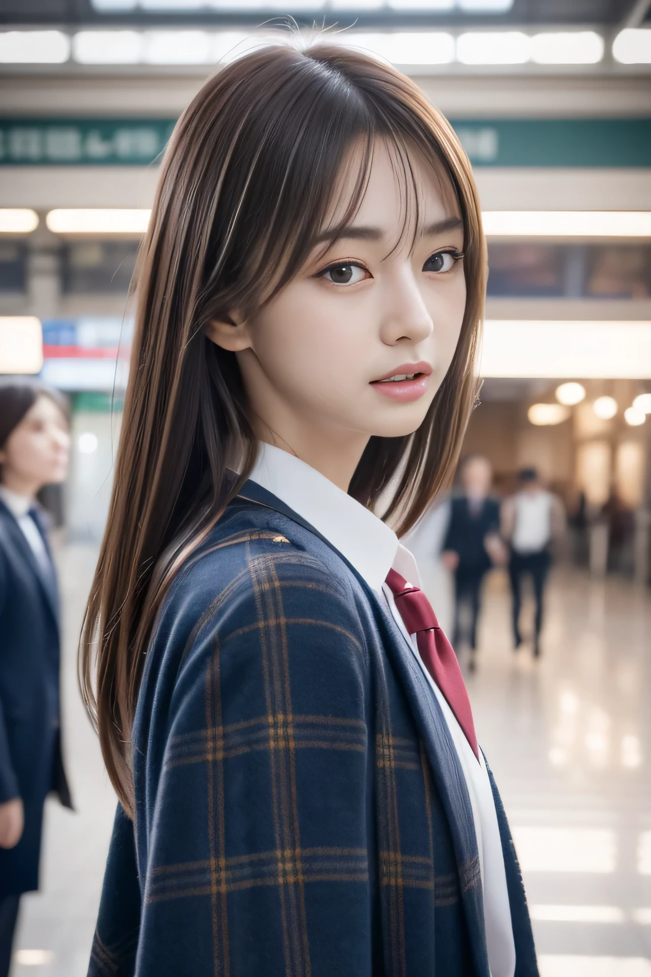 High resolution, RAW photo, realistic, very delicate and beautiful, very detailed, finely, very detailed CG unity 8K wallpaper, super detailed, (highest quality, 8K, 32K, masterpiece, UHD:1.2), Photo of Pretty Japanese model, JK uniform, Blue plaid pleated skirt, tie, Brown cardigan, beautiful and detailed face, Beautiful clear long eyes, delicate figure, expensive, skinny, medium straight hair, upper teeth, outdoor, Walk along the station platform, surreal, real anime girl, looking back from the side,