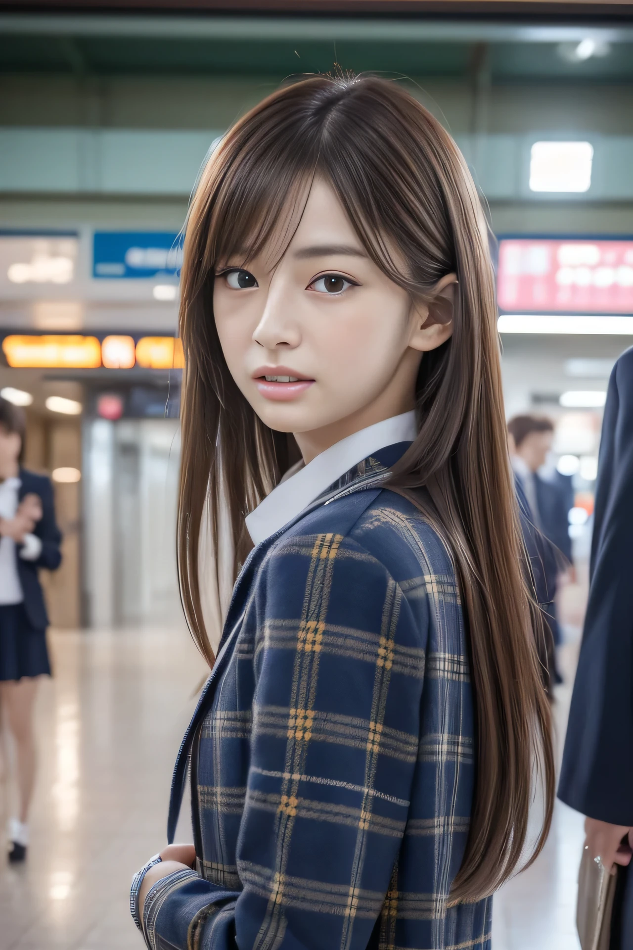 High resolution, RAW photo, realistic, very delicate and beautiful, very detailed, finely, very detailed CG unity 8K wallpaper, super detailed, (highest quality, 8K, 32K, masterpiece, UHD:1.2), Photo of Pretty Japanese model, JK uniform, Blue plaid pleated skirt, tie, Brown cardigan, beautiful and detailed face, Beautiful clear long eyes, delicate figure, expensive, skinny, medium straight hair, upper teeth, outdoor, Walk along the station platform, surreal, real anime girl, looking back from the side,
