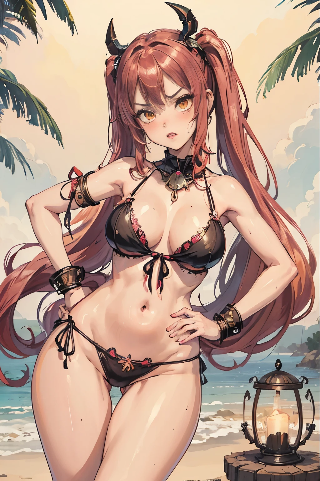 ((best quality)), ((masterpiece)), (detailed), perfect face, oni girl, light red hair, long hair, tropical beach theme, her hands on hips, normal fingers, twin tails hair, belly dancer outfit, shrine theme, night theme, angry expression, Grab your own breasts, gothic demoness, Very cute, dominant ,  anime screencap, thighs, seductive sweat, yellow eyes, beautiful eyes, wearing mascara, blush, drippy panties