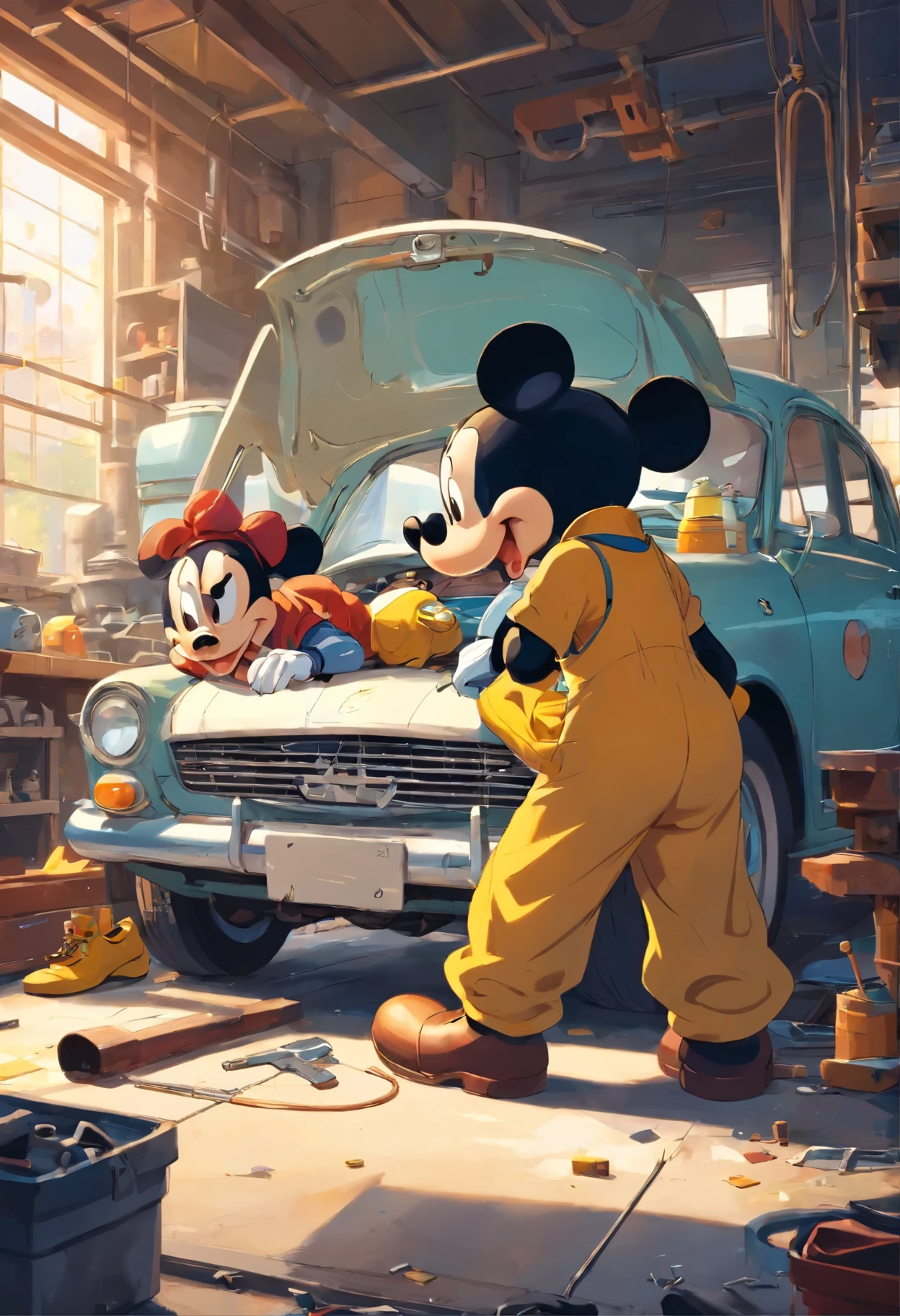 "A masterpiece illustration of Mickey Mouse and Donald Duck as a skilled mechanic repairing a car, With perfect body proportions and an impeccably detailed head, in high definition."