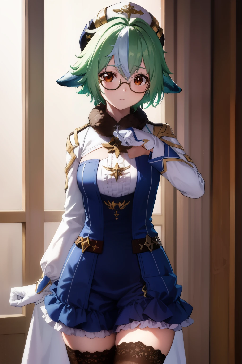 sucrose, sucrose, ahoge, animal ears, (brown eyes:1.5), glasses, gradient hair, hair between eyes, messy hair, multicolored hair, semi-rimless eyewear, short hair, green hair, embarrassed,
BREAK frills, fur collar, gem, gloves, green thighhighs, long sleeves, thighhighs, white headwear, zettai ryouiki, skirt, blue skirt,
BREAK indoors, laboratory,
BREAK looking at viewer, (cowboy shot:1.5),
BREAK (masterpiece:1.2), best quality, high resolution, unity 8k wallpaper, (illustration:0.8), (beautiful detailed eyes:1.6), extremely detailed face, perfect lighting, extremely detailed CG, (perfect hands, perfect anatomy),