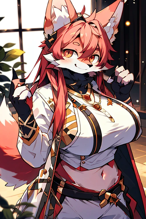 The lighting is perfect，light particles，（best quality），（masterpiece），（Super detailed），sharp focus，light particles，Pink fox，White clothing，White pattern，demon纹身_exist肚子上，navel-baring outfit，Negi，Red_Eye，watching_exist_audience，Smile，alone，hairy，animal_ear_fluff，Open_clothing，Golden necklace，demon，girls，female，long hair，Big breasts