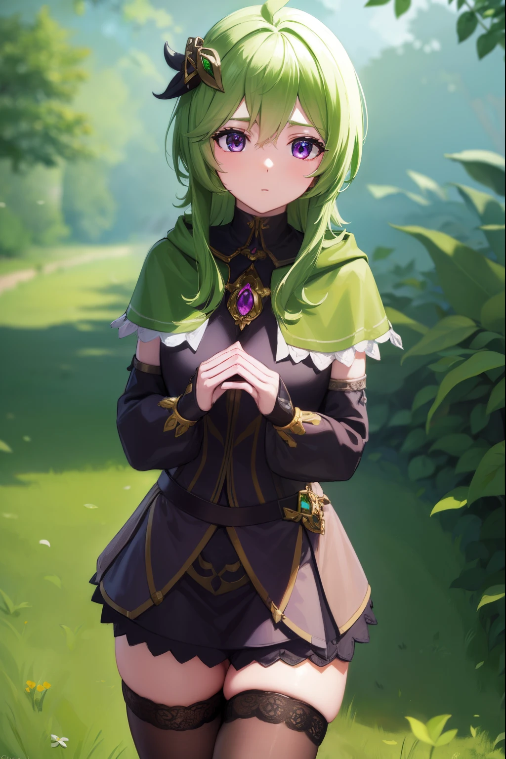 collei, collei, crossed bangs, green hair, hair ornament, medium hair, (purple eyes:1.1), sidelocks,
BREAK black gloves, black skirt, black straps, bridal gauntlets, brown thighhighs, capelet, detached sleeves, gem, gloves, green capelet, green gemstone, jewelry, long sleeves, puffy long sleeves, puffy sleeves, shirt, skirt, sleeveless, sleeveless shirt, thighhighs, zettai ryouiki
BREAK outdoors, nature, forest,
BREAK looking at viewer, (cowboy shot:1.5),
BREAK (masterpiece:1.2), best quality, high resolution, unity 8k wallpaper, (illustration:0.8), (beautiful detailed eyes:1.6), extremely detailed face, perfect lighting, extremely detailed CG, (perfect hands, perfect anatomy),