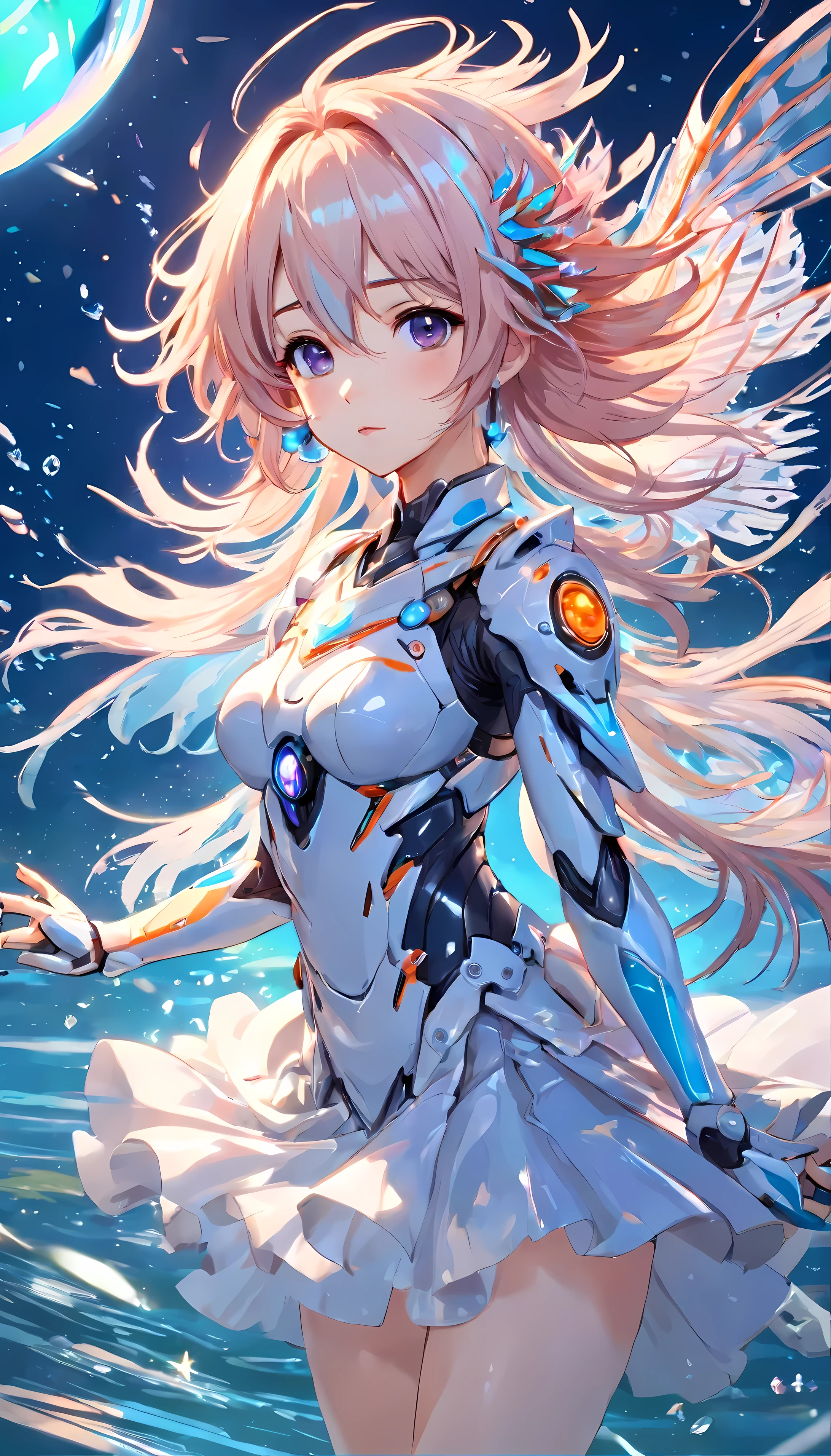 (Cyber mecha lionfish:1.5), (Extremely detailed CG unified 16K wallpaper:1.1), (Noise Removal Strength: 1.45), (tmasterpiece:1.37), (摆出whole body的姿势:1.4:), full length, dynamic angle, starry sky, Realistic texture, Side lighting, spark, glowing light, Ray tracing, ((masterpiece)), (masterpiece), best quality, ultra high definition{{{masterpiece}}}, {{best quality, Super beautiful illustrations , Beautiful and delicate water,best quality grass}}. ((beautiful eyes)),{ The light is very delicate, Perfect and delicate limbs}, {nature, , water spray},{{ delicate glow ,Very beautiful 8K CG wallpaper}},lilac eyes, pink student, whole body, white hair, Bright Eyes,( (An extremely delicate and beautiful girl)), ((1 girl)), medium bust, dynamic angle, (White dress with gold accents), (long hair flowing with the wind, beautiful hair ornaments, Exquisite wet suit, national foundation, breeze, Long bangs between the eyes), pleated skirt, (idle, cute big eyes),messy_hair,Alipay,horizontal braids,(Tulle lace white dress) Flowers and grasses, near the water edge, ((Sunset, starry sky围成一圈), randomly distributed clouds, (((river))), splash, falling petals