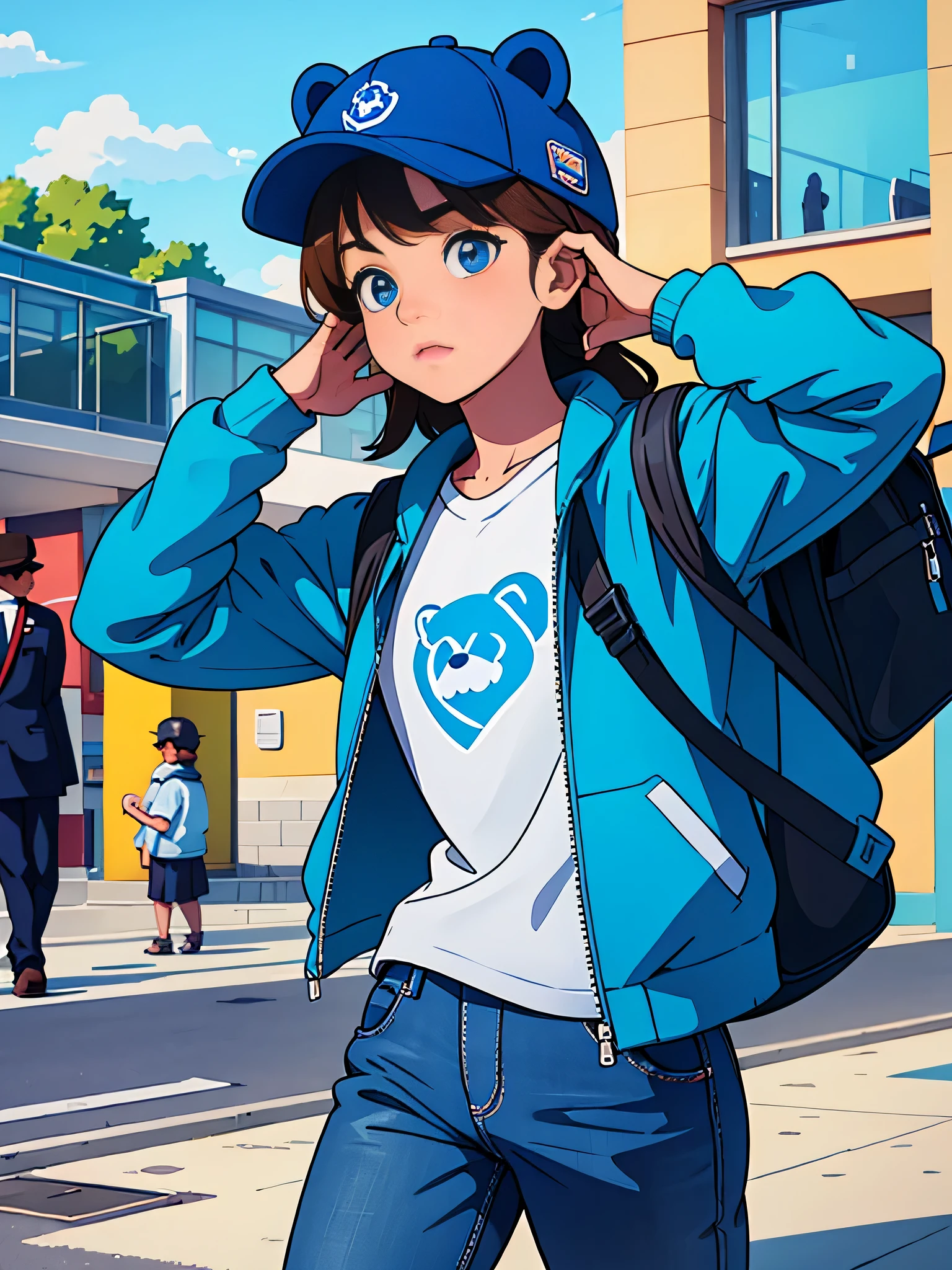 mascot,blue bear,with school unifrom,go to school,cute,with hat,with jacket,cool,carry bag