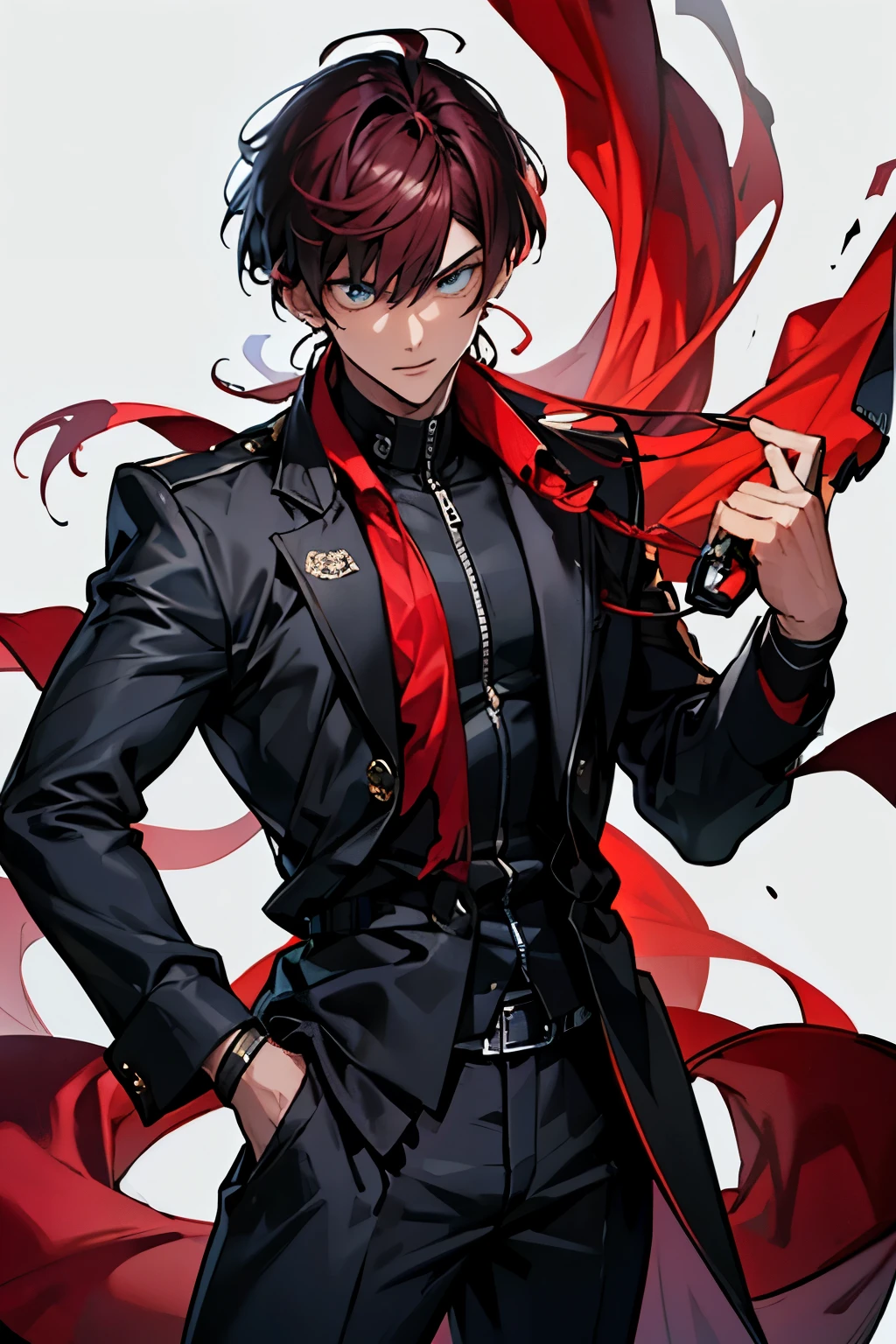 1boy, 22 years old, dark maroon hair color, Bangs Twisted Back male hairstyle, dark blue techwear jacket, black inner shirt, standing pose, heterochromic blue and red eyes