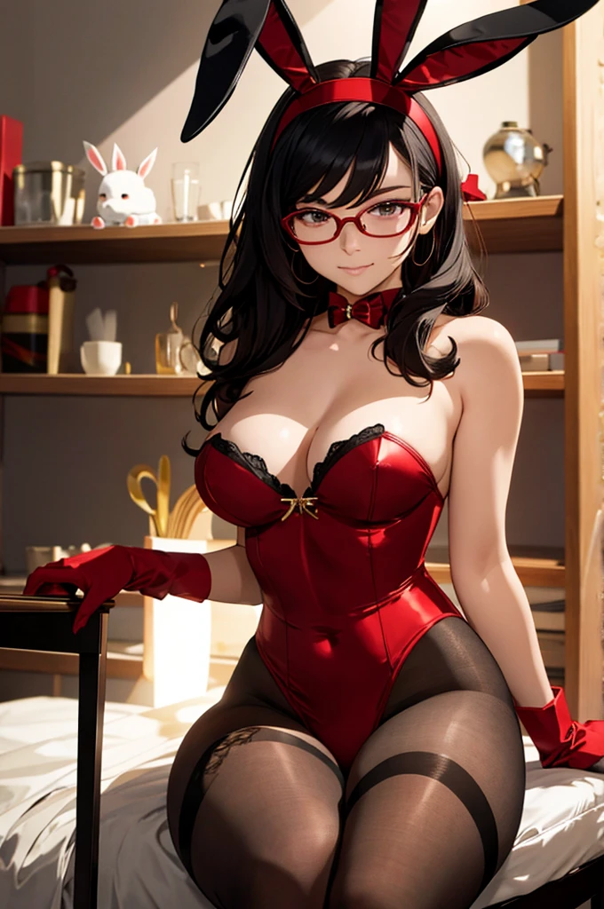 Masterpiece, top quality, 16K UHD,
one woman,
sexy bunny girl, black underwear,
red-framed glasses with under rim,
black hair,
rabbit ears headband,
gloves with red arm covers,
fishnet tights, garter belt,
M-shaped legs,
high heels in red.

Sitting in a dimly lit room, the woman poses seductively, teasingly biting her lower lip as she adjusts her red-framed glasses. Her black underwear peeks out from underneath her tight-fitting bunny costume, accompanied by the additional accessories of pantyhose, rabbit