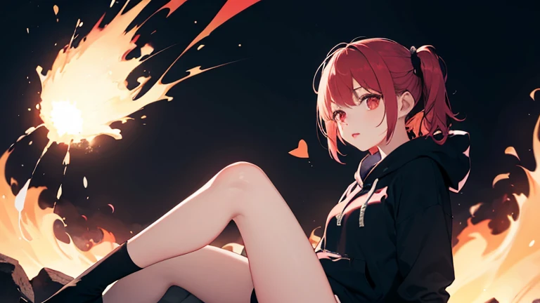 (Best quality, 4K, a high resolution, masterpiece: 1.2), (Heart: 1.2), One girl, with red short wavy hair with ponytails, Detailed red eyes, sits upright, feet forward, bare legs, you can see the whole body from head to toe, wears a dark black oversized long hoodie, panties, elegant bare legs in white socks out of focus , ultra detailed, Realistic: 1.37, portraits, Dark Fantasy, soft lighting, Beautiful detailed eyes and lips, abstract dark black background of many red hearts, Smoke, pop-art, lava, Explosions, monsters
