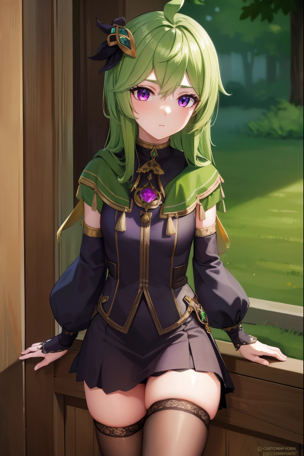 collei, collei, crossed bangs, green hair, hair ornament, medium hair, (purple eyes:1.1), sidelocks,
BREAK black gloves, black skirt, black straps, bridal gauntlets, brown thighhighs, capelet, detached sleeves, gem, gloves, green capelet, green gemstone, jewelry, long sleeves, puffy long sleeves, puffy sleeves, shirt, skirt, sleeveless, sleeveless shirt, thighhighs, zettai ryouiki
BREAK outdoors, nature, forest,
BREAK looking at viewer, (cowboy shot:1.5),
BREAK (masterpiece:1.2), best quality, high resolution, unity 8k wallpaper, (illustration:0.8), (beautiful detailed eyes:1.6), extremely detailed face, perfect lighting, extremely detailed CG, (perfect hands, perfect anatomy),