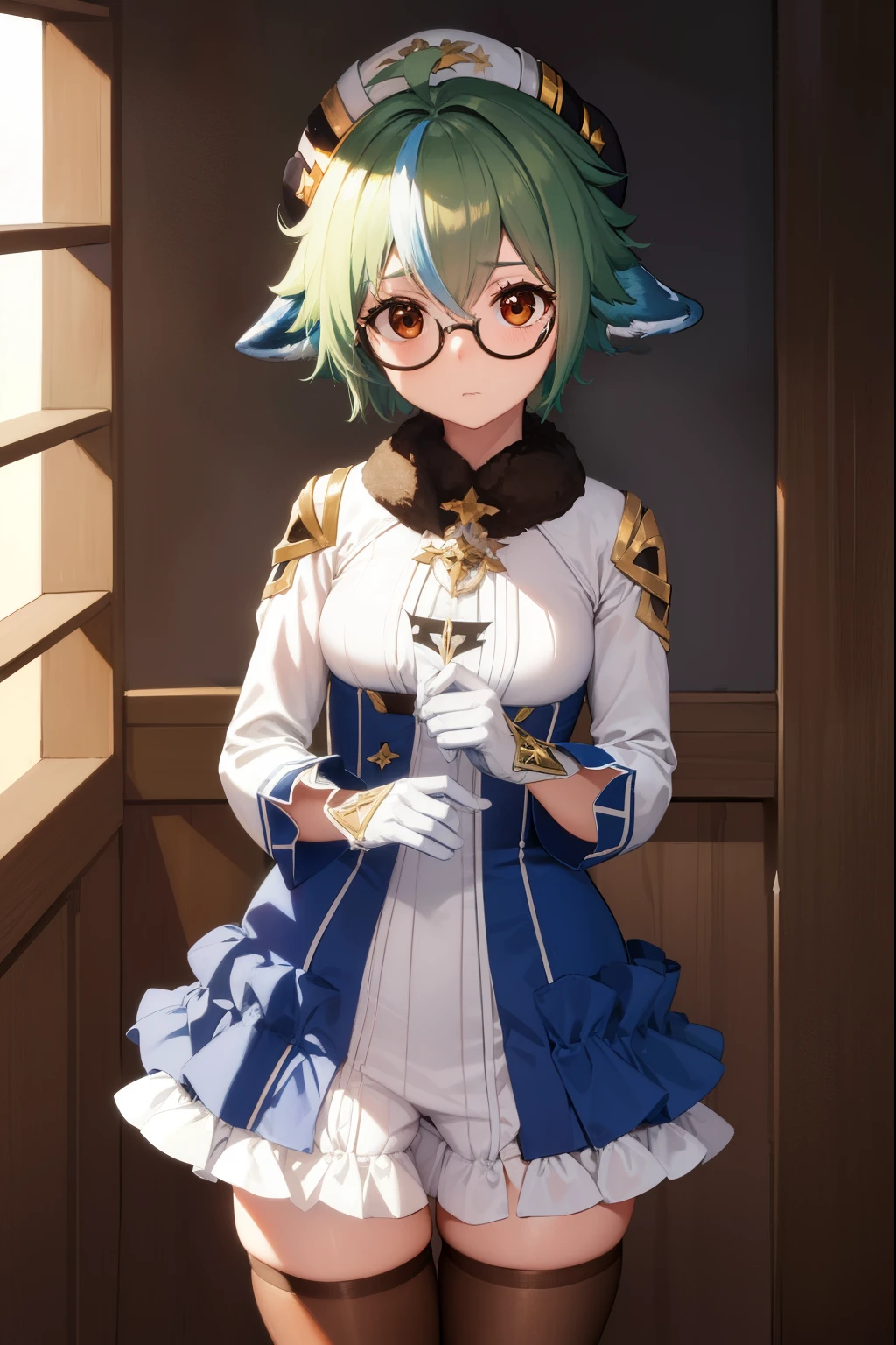 sucrose, sucrose, ahoge, animal ears, (brown eyes:1.5), glasses, gradient hair, hair between eyes, messy hair, multicolored hair, semi-rimless eyewear, short hair, green hair, embarrassed,
BREAK frills, fur collar, gem, gloves, green thighhighs, long sleeves, thighhighs, white headwear, zettai ryouiki, skirt, blue skirt,
BREAK indoors, laboratory,
BREAK looking at viewer, (cowboy shot:1.5),
BREAK (masterpiece:1.2), best quality, high resolution, unity 8k wallpaper, (illustration:0.8), (beautiful detailed eyes:1.6), extremely detailed face, perfect lighting, extremely detailed CG, (perfect hands, perfect anatomy),