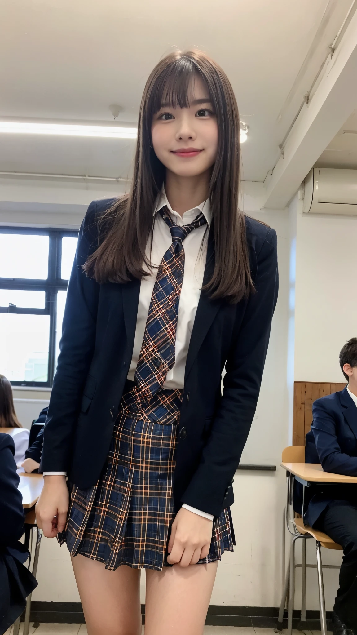 Girl Standing In School Classroom,Red Tie Uniform,Dark Blue Closed Blazer,Blue plaid skirt,18-year-old,bangs,a little smile,thighs,knees,from below,random pose,pretty girl,slender girl,