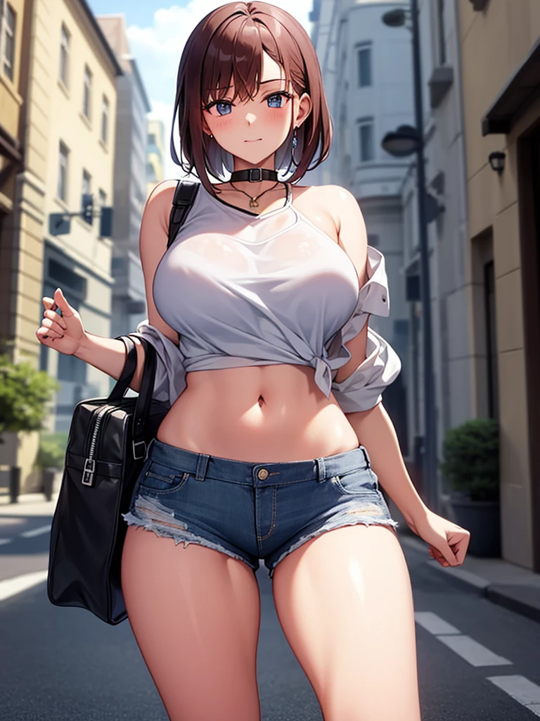 ((alone)), city, street, ((white shirt)), wet shirt, blush, Sobby expression, Shoulder bag, 1 girl, hairpin, huge breasts, denim shorts, ((shorts that cut into the crotch)), ((long slender legs)), ((thin waist)), thick thighs, cowboy shot, Close your legs, Beautiful woman, adult women, sexy pose, Curvaceous