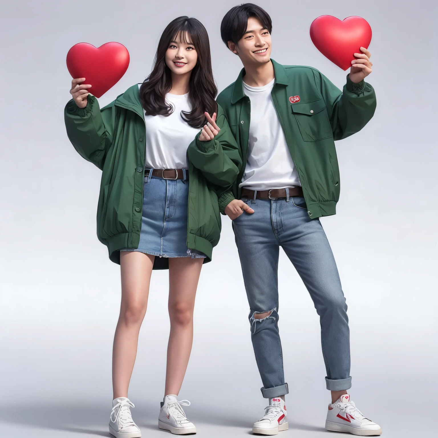 A chinese man and chinese woman are standing together holding up red hearts, posing for a picture. The woman is wearing a green jacket and blue shorts, while the man has his hands in his pockets. They both seem to be enjoying their time together as they showcase their love for each other with the hearts.