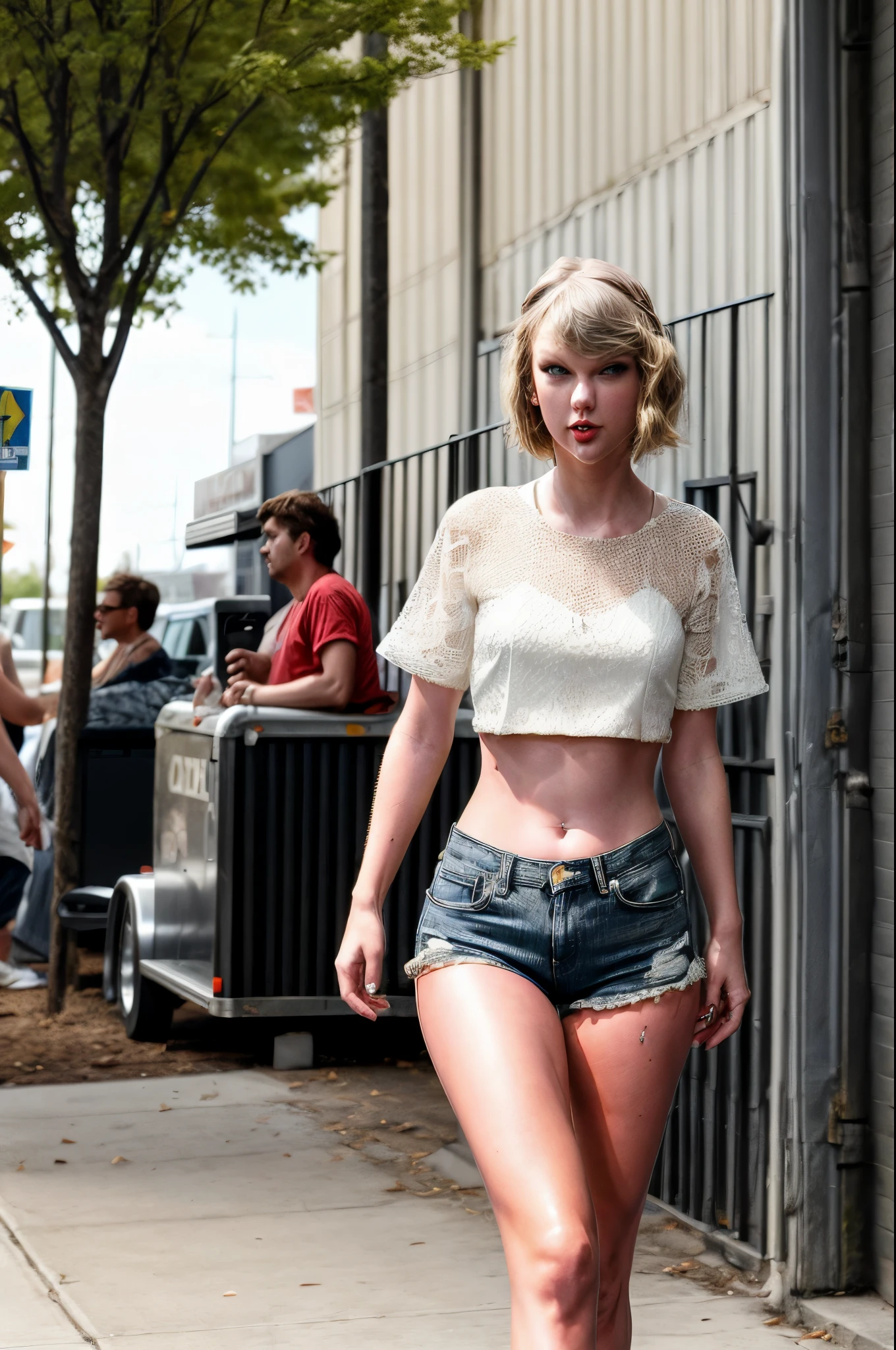 singer Taylor swift(age 30), she is dressed as a trailer park queen in daisy dukes and a revealing crop top, she is working a street corner waiting to get a John, she looks like a tweaker,