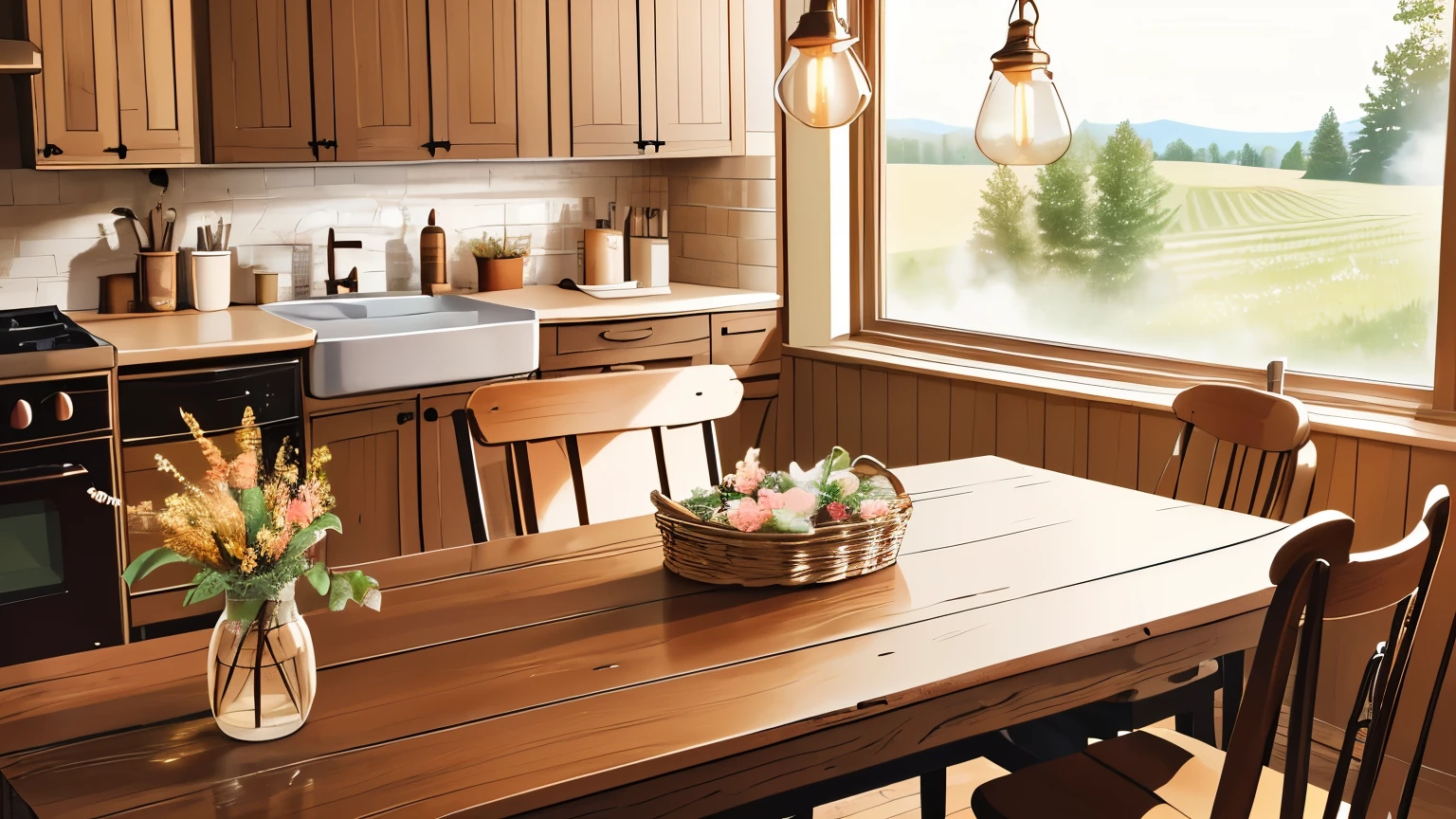 Editorial Style photo, Cozy lighting, Rustic, Farmhouse kitchen, Farmhouse table with fresh flowers, Weathered wood and vintage ceramics, Close-up of a steaming mug of coffee, Warm and inviting color palette with hints of red and gold, Vintage farmhouse decor brand, Soft warm lighting with pendant lights, girl sitting on chair working on table, Rural countryside, Evening, Homey and nostalgic, Farmhouse architecture —ar 16:9 —s 500