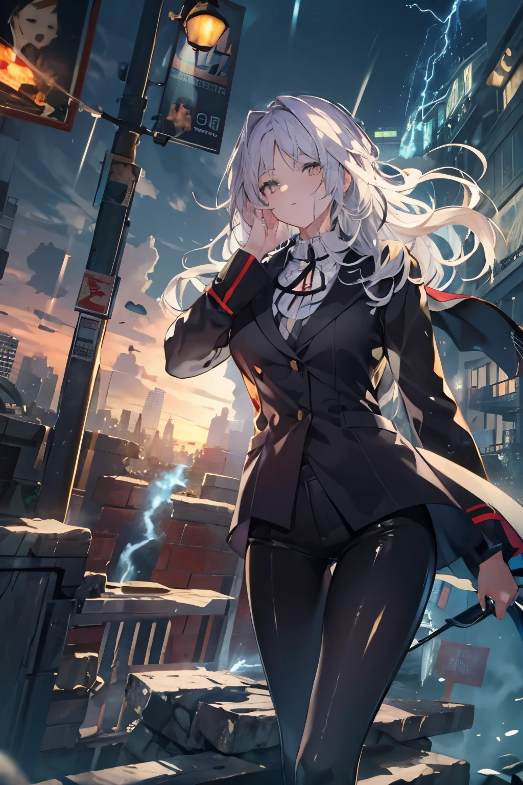 (real:0.2)、anime illustration、1 girl、(((golden eyes))), black coat、、Paris、France、sfv、black pants、black office shirt、、carmen sandigo、、blue sky、、long hair、、dramatic lightning、Lamp light、epic lighting, light falling on face, The light from the rear window is backlit., Face Light, The face is illuminated, fill light, fill light, ((master piece)), (Carmen_Sandigo_v1-1_Shulik-2000:0.6) information, silver hair,