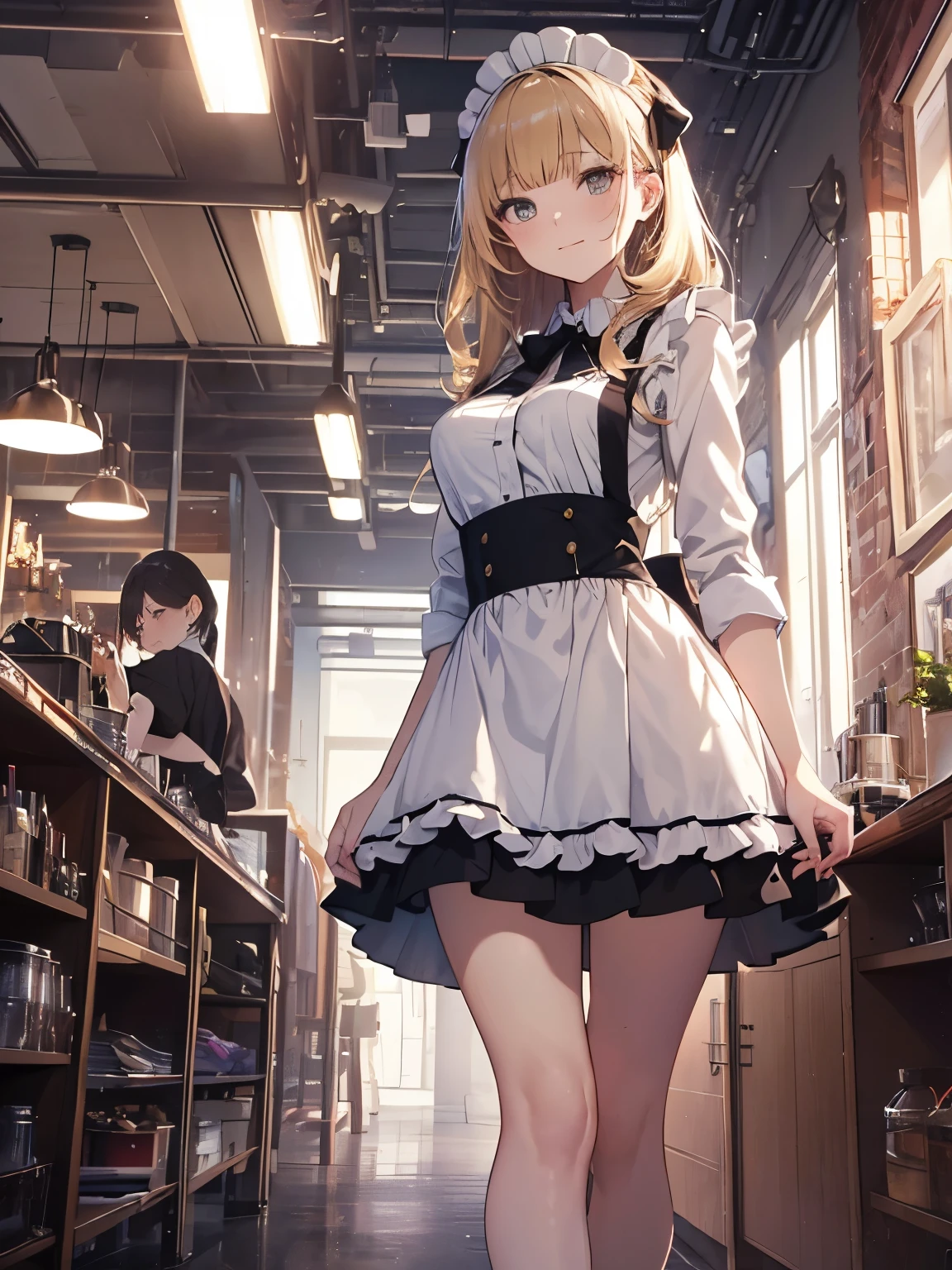 (official art、highest quality、Unity 8k wallpaper、32K、masterpiece、super detailed、超high resolution、realistic、Photoreal:1.2)、(cinematic lighting:1.2)、fire glow effect、film grain、best shadows、rim lighting、side light、(Super detailed and complex 3D rendering)、Background like Makoto Shinkai、detailed beautiful face and eyes、(Beautiful and sharp pupils)、masterpiece, high resolution、highest quality, ultla highres, maximum resolution, very detailed, professional lighting, beautiful skin, 22-year-old woman、very pretty、Brooklyn、Inside the cafe、waitress、Maid clothes、work at a cafe、Maid clothes、skirt、dress lift、panties:1.4、shoes下、shoes、bright hair color、blonde、bangs、dull bangs、grinning expression、the girl is looking away、The girl is looking to the side、Wide angle、angle from below、(((Precise human body structure、Correct and accurate number of limbs、Correct and accurate number of fingers)))
