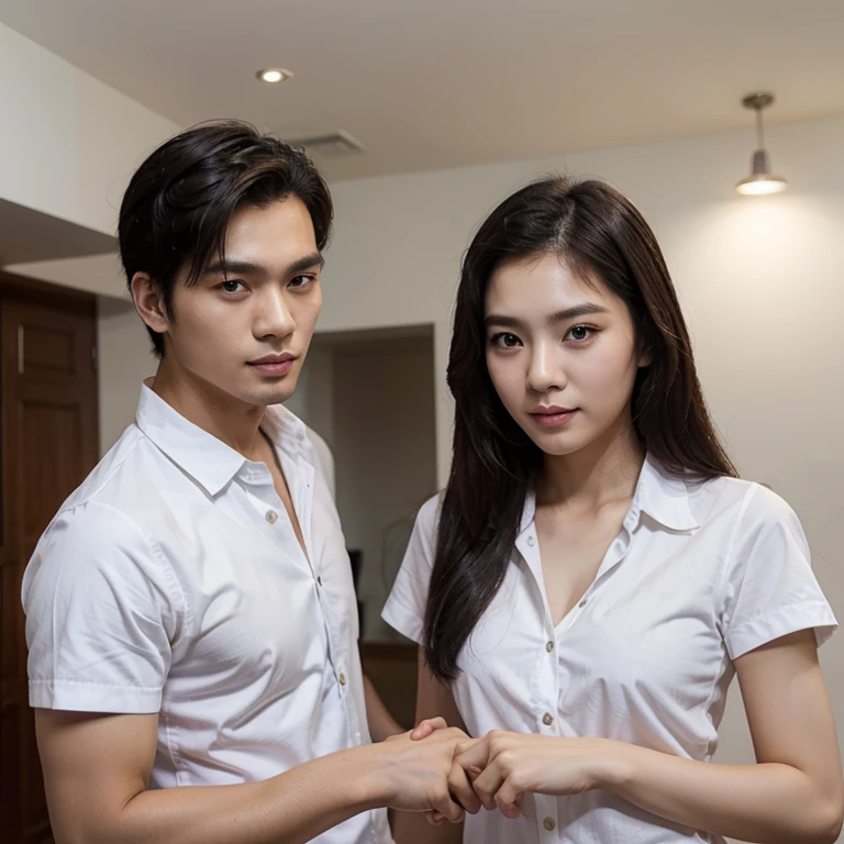 Thai Men,Handsome face,holding hands with beautiful girlfriend,Wear a white shirt