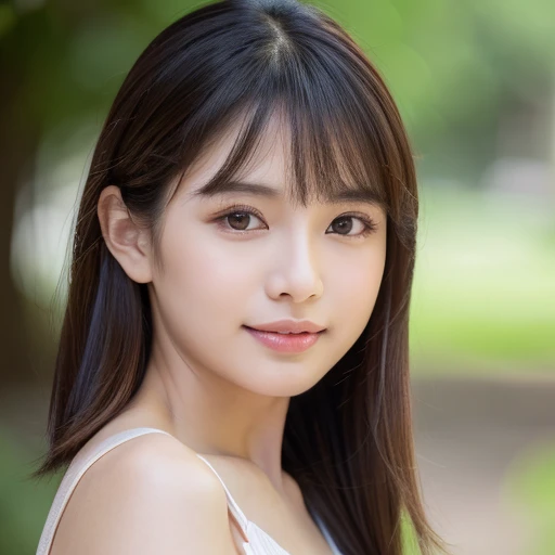 ((cute Thai women)) 、Beautiful Thai women、1 girl in、age32、Highly detailed facial and skin texture、hyperdetailed face, Bob wavy hair, ultradetailed eyes、teak、teakを塗ったピンクの頬、close-up of woman、bustup、frontage、cute little、smooth white skin、Transparent skin texture、))、(dark brown  hair、bangss)、Looking at the camera、Beautiful Women in Perfect Style：1.4、Thai models、Young gravure idols、若いcute littleグラビアアイドル、Realistic Young Gravure Idol、sophisticated gravure idol、((top-quality、in 8K、​masterpiece:1.3))、(4K、RAW Photography、top-quality)、(reallistic、フォトreallistic:1.37)、Place a person across the screen、natural soft light、upper body and head、refinement