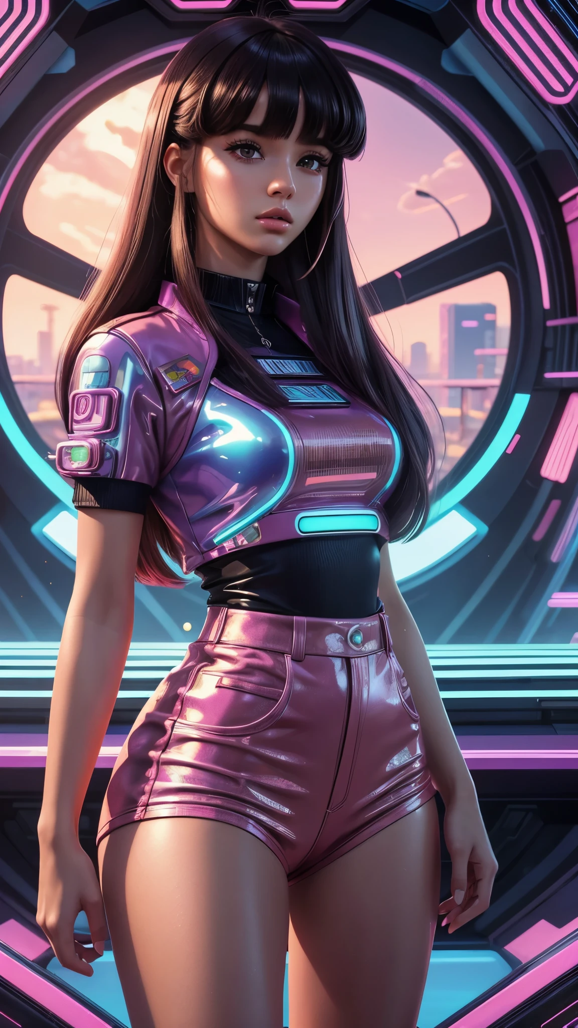 Masterpiece, Top Quality, Super Detail, 8K, 1girl, blunt bangs, long hair, vaportrap, retro-futurism background, 80's look