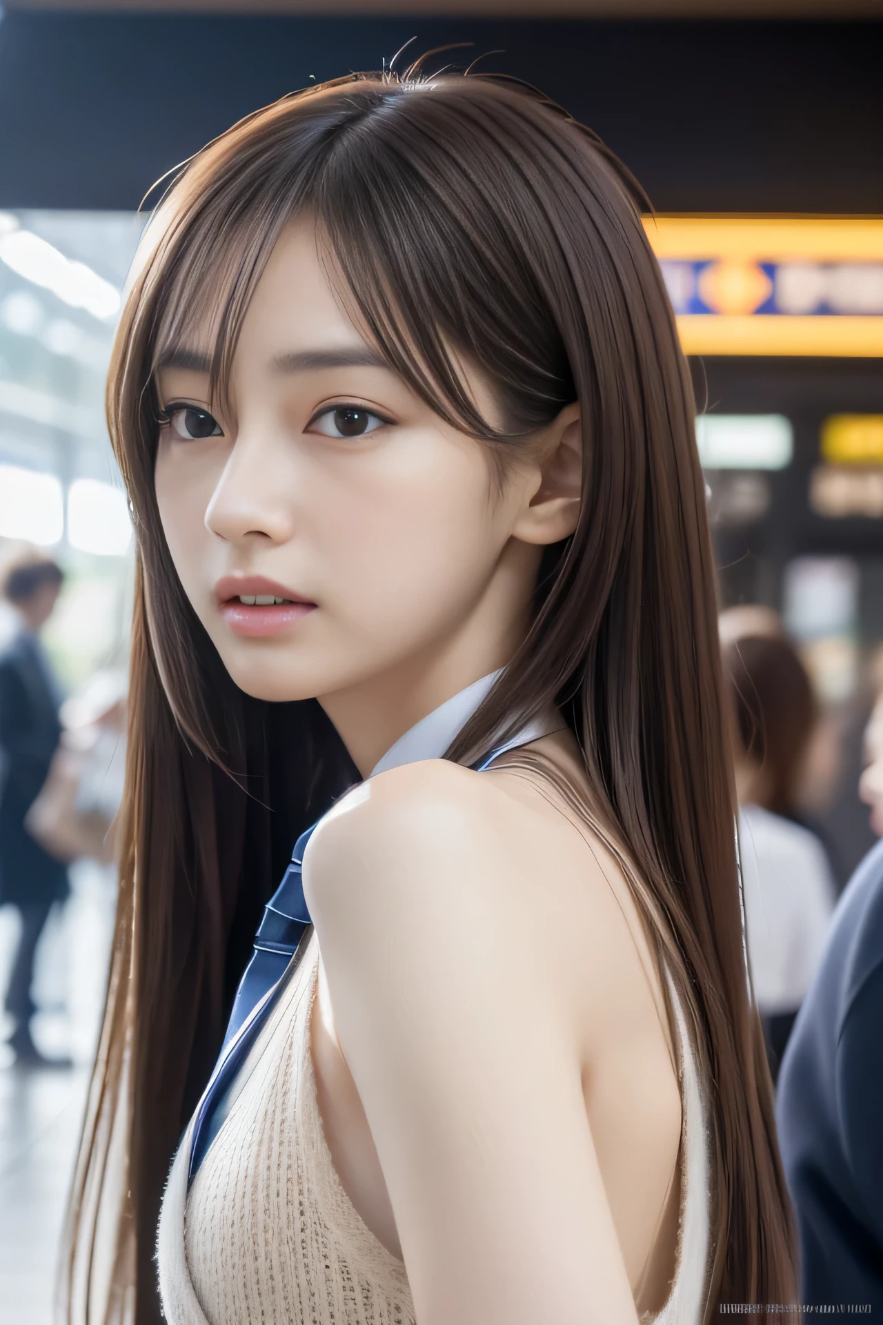 High resolution, RAW photo, realistic, very delicate and beautiful, very detailed, finely, very detailed CG unity 8K wallpaper, super detailed, (highest quality, 8K, 32K, masterpiece, UHD:1.2), Photo of Pretty Japanese model, JK uniform, Blue plaid pleated skirt, tie, Brown cardigan, beautiful and detailed face, Beautiful clear long eyes, delicate figure, expensive, skinny, medium straight hair, upper teeth, outdoor, Walk along the station platform, surreal, real anime girl, looking back from the side,