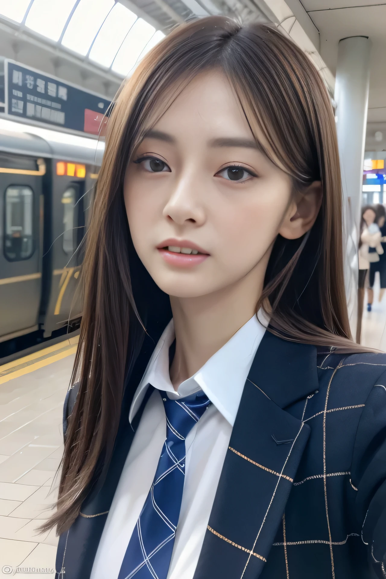 High resolution, RAW photo, realistic, very delicate and beautiful, very detailed, finely, very detailed CG unity 8K wallpaper, super detailed, (highest quality, 8K, 32K, masterpiece, UHD:1.2), Photo of Pretty Japanese model, JK uniform, Blue plaid pleated skirt, tie, Brown cardigan, beautiful and detailed face, Beautiful clear long eyes, delicate figure, expensive, skinny, medium straight hair, upper teeth, outdoor, Walk along the station platform, surreal, real anime girl, looking back from the side,