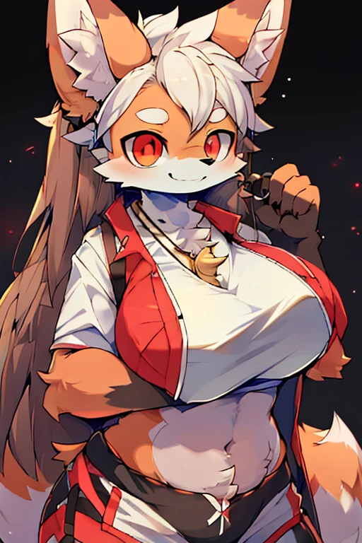 The lighting is perfect,light particles,(best quality),(masterpiece),(Super detailed),sharp focus,light particles,Pink fox,White clothing,White pattern,demon纹身_exist肚子上,navel-baring outfit,Negi,Red_Eye,watching_exist_audience,Smile,alone,hairy,animal_ear_fluff,Open_clothing,Golden necklace,demon,girls,female,long hair,Big breasts,red belly,cute