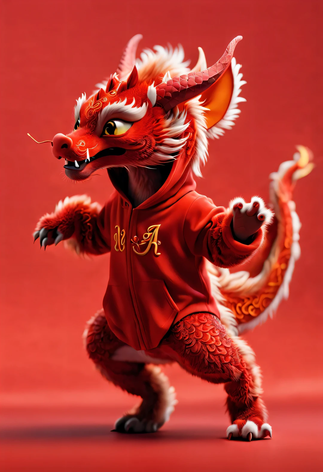 3d rendering, realistic fur, red wallpaper, Simple modern style, beautiful wallpaper, Super skinny naughty red and orange zodiac dragon baby dances playfully, frontal portrait, (looking at camera), Beijing, 🦑 design, (Wearing an embroidered hoodie), (monogrammed hoodie "AI": 1.37)