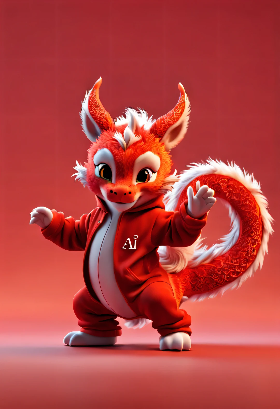 3d rendering, realistic fur, red wallpaper, Simple modern style, beautiful wallpaper, Super skinny naughty red and orange zodiac dragon baby dances playfully, frontal portrait, (looking at camera), Beijing, 🦑 design, (Wearing an embroidered hoodie), (hoodie printed with this letter "AI": 1.37) ,( with this letter "AI": 1.37)