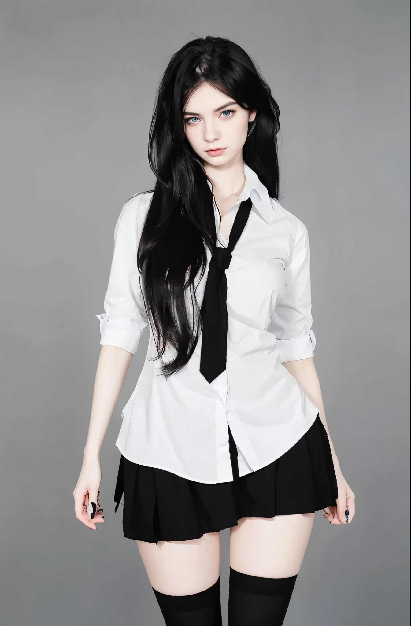 woman, long black hair, pale skin, blue eyes, white shirt, black tie, black skirt, black sockks,