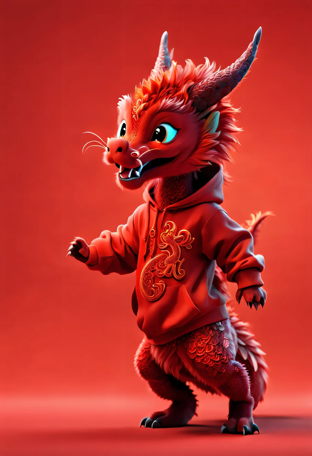 3d rendering, realistic fur, red wallpaper, Simple modern style, beautiful wallpaper, Super skinny naughty red and orange zodiac dragon baby dances playfully, frontal portrait, (looking at camera), Beijing, 🦑 design, (Wearing an embroidered hoodie), (monogrammed hoodie "AI": 1.37)