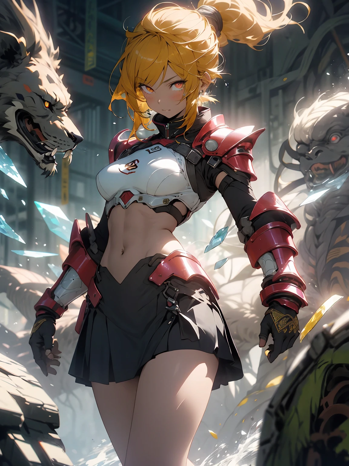 make it realistic,(masterpiece,highest quality,highest quality,very detailed,fractal art,most detailed,(the background is abstract:1.5)(1 girl),Kamimei,(Yellow ponytail),(Shining red eyes and bright yellow hair、big breasts,trained abdominal muscles),crystallization,high leotard,sexy,yellow machine armor、Blake、(mini skirt)