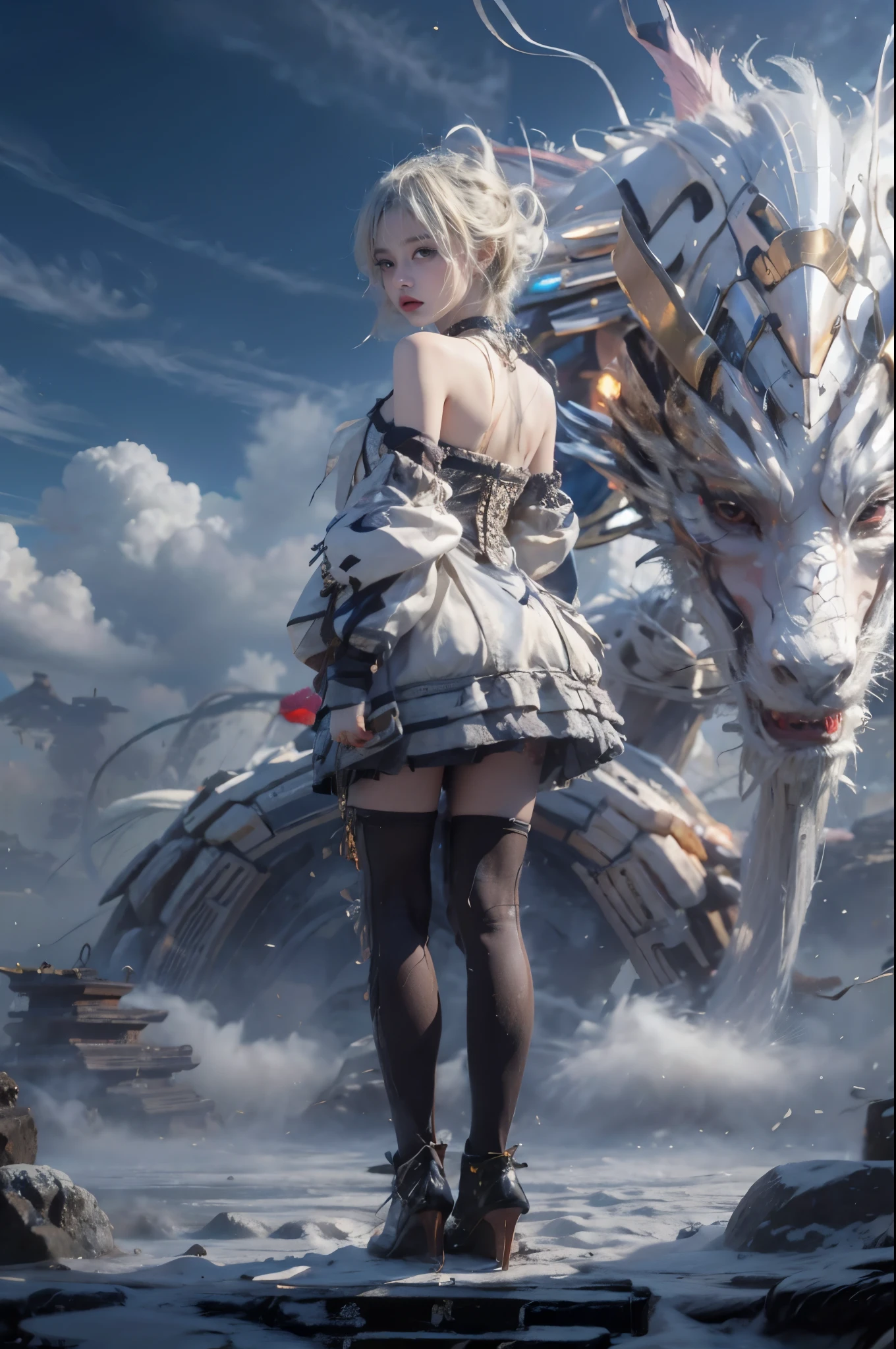 super high quality、8K quality、High resolution、Image quality captured with a single-lens reflex camera、(SFW)、Perfect Anatomy、(1. The theme is a gothic punk girl in a black dress.）Beautiful blonde 20 year old girl.Orange eyes、(Good shape、Normal chest、Cleavage)、(Black mechanical parts for arms and legs、3D, Realistic mechanical parts)(Armed forces in the rear)break、（Perfect Anatomy:1.4）break(Back view、Recall、avert your eyes:1.5)Petals flutter(A vast hill covered with rainbow-colored flowers、evening:1.5)、Machine Armor、Organic Armor Cyborg、Armor Texture、Blake、(Dark Elf), (1 Girl), alone, Perfect Face, Get used to it, Ahoge, ((Long Hair:1.2)), (Hair above one eye:1.3), [[Messy Hair]], Shiny blonde white hair, Purple eyes, Variegated eyes, Colorful Hair, Shining Eyes, (eyelash, eye shadow, pink eye shadow), bright, smile, Design Art：haruhiko mikimoto, by Kawashi, By Yoshitaka Amano, Dark Skin