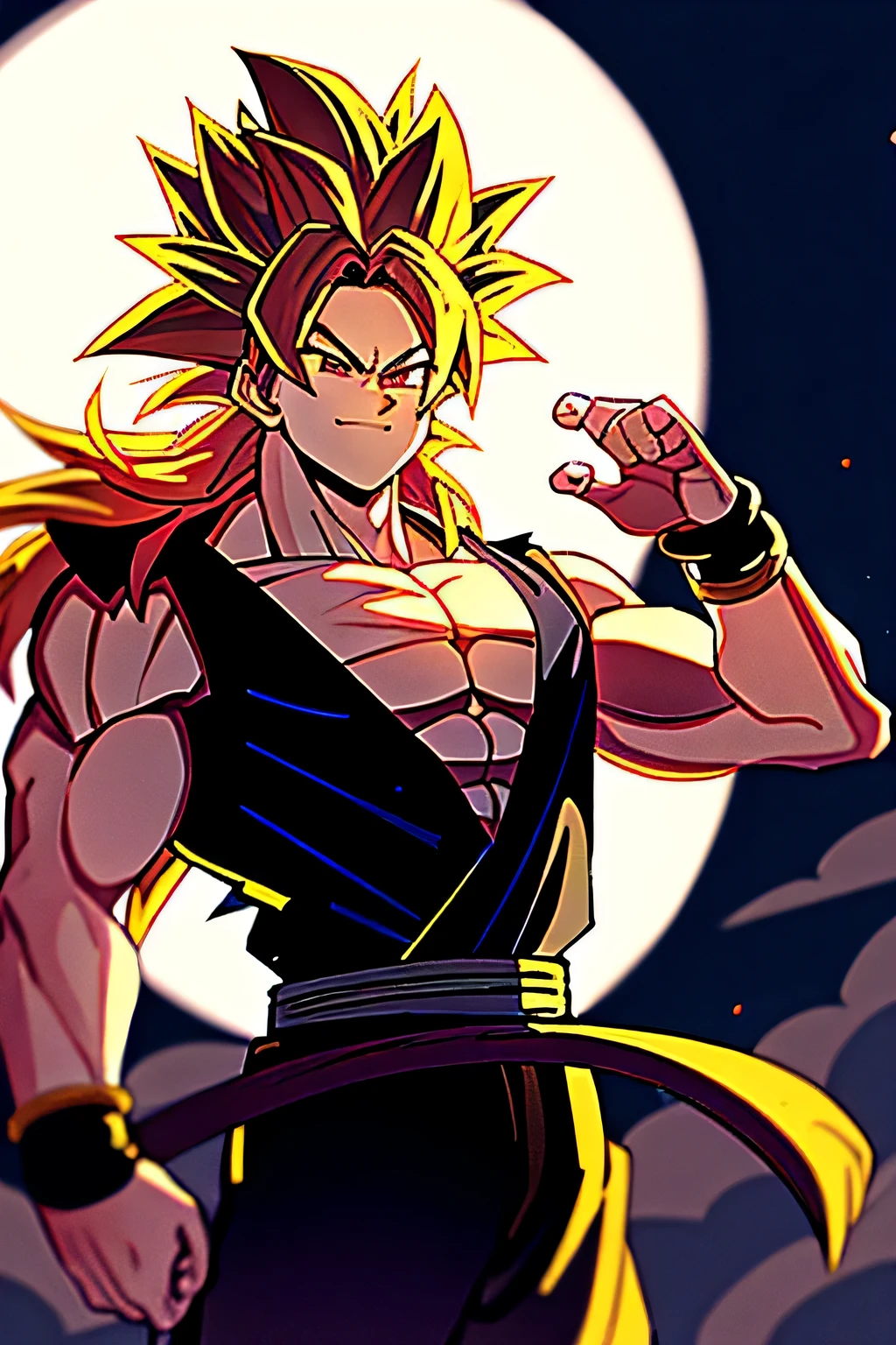 Son goku black, super saiyan, blonde, 1boy, backlight, red eyes, golden hair, black bracelet, mouth closed, monkey, lock of hair, hands up, yellow particles, looking at viewer, male focus, muscular, muscular man, pectorals, smile, moon, long hair doctor, upper body, bracelet, ((masterpiece))