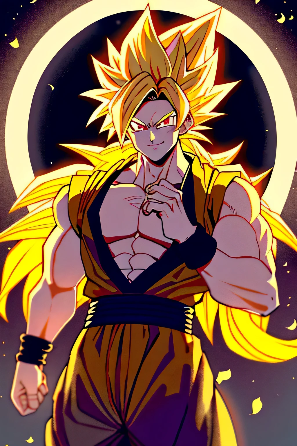 Son goku black, super saiyan, blonde, 1boy, backlight, red eyes, golden hair, black bracelet, mouth closed, monkey, lock of hair, hands up, yellow particles, looking at viewer, male focus, muscular, muscular man, pectorals, smile, moon, long hair doctor, upper body, bracelet, ((masterpiece)) 