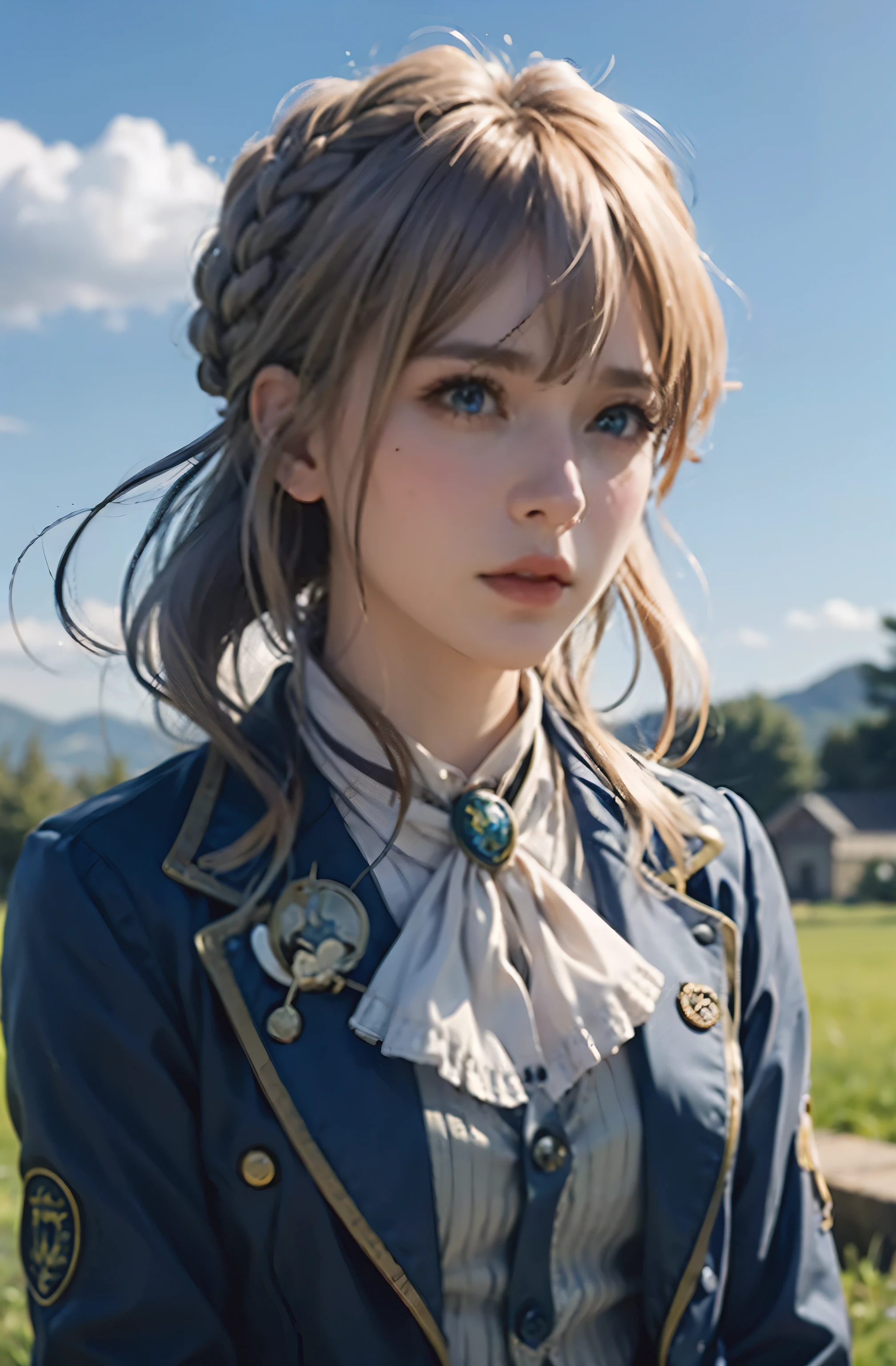 purple, 1 girl, alone, looking at the audience, blue eyes, blonde hair, ribbon, hair between eyes, gem, close your mouth, jacket, hair ribbon, Upper body, braid, outdoor, Sky空, Sky, cloud, vague, red ribbon, blue Sky空, ascot, background, hair intake, blue jacket, brooch, white ascot, masterpiece