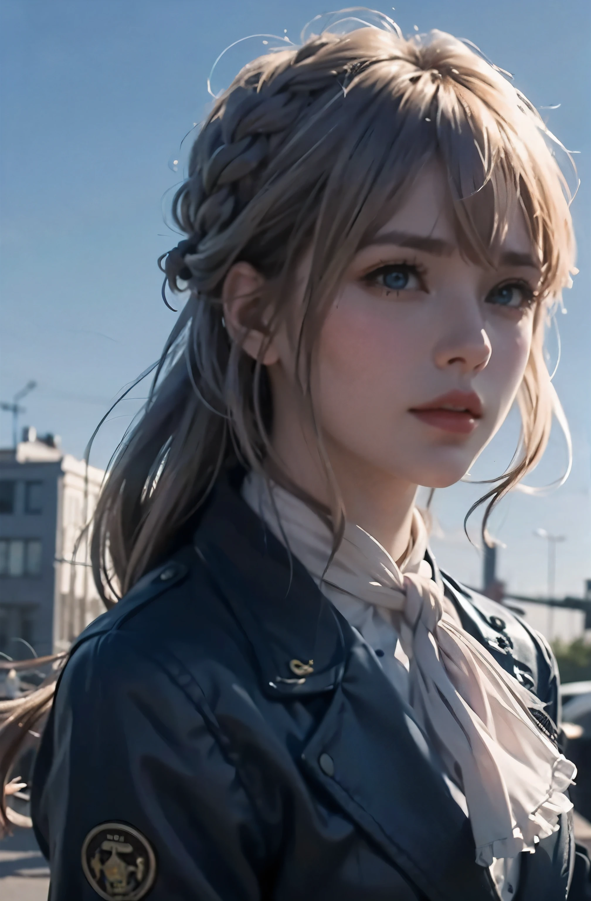 purple, 1 girl, alone, looking at the audience, blue eyes, blonde hair, ribbon, hair between eyes, jewelry, close your mouth, jacket, hair ribbon, Upper body, braid, outdoor, Sky空, Sky, cloud, vague, red ribbon, blue Sky空, ascot, background, hair intake, blue jacket, brooch, white ascot, masterpiece