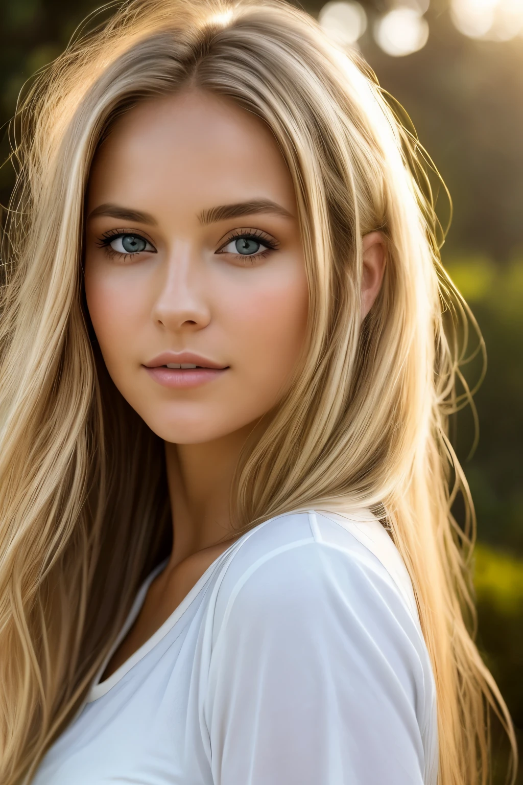 (photorealistic style, masterpiece, best quality, ultra-detailed), 25-year-old girl, long blonde hair, striking brown eyes, white top, natural and approachable expression, soft golden-hour sunlight, finca background, high-resolution photograph, 65mm lens, flattering perspective
Imagine a stunning photorealistic portrait of a radiant 25-year-old girl, her long, golden locks cascading down her back, and her captivating brown eyes radiating warmth. She wears a simple yet elegant white top, revealing her natural beauty and approachable demeanor. Surrounding her is the enchanting atmosphere of