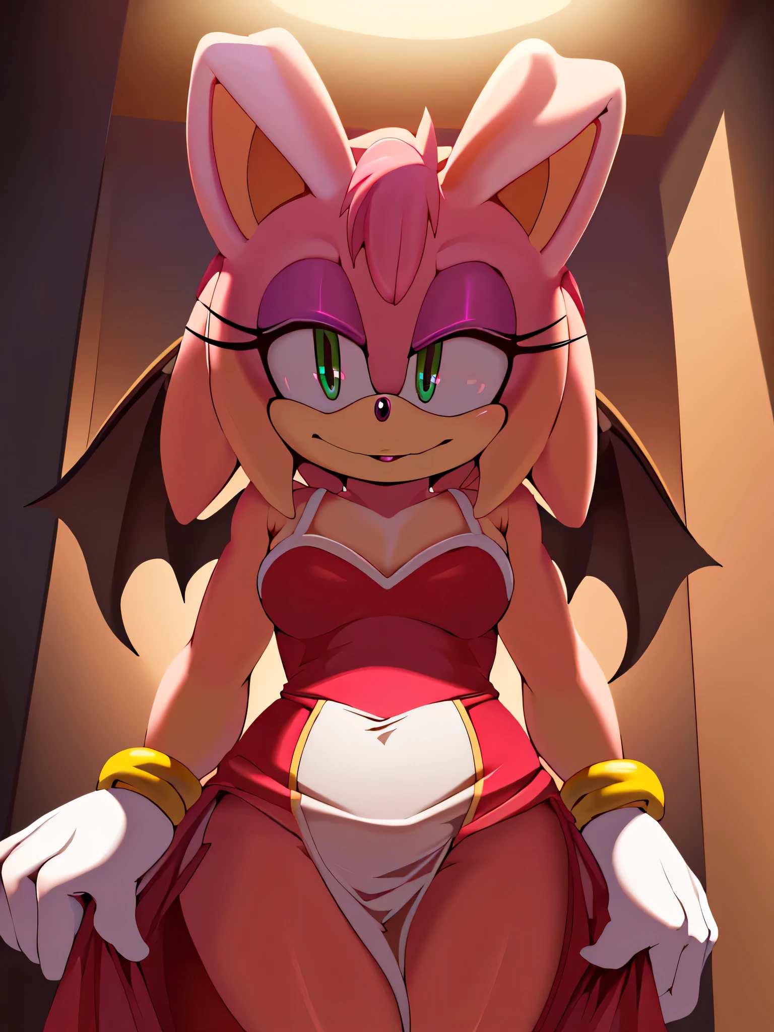 (a stunning) (masterpiece:1.2), (8k, high-resolution), (sonic:1.1), ((vanilla the rabbit fusion with amy rose and rouge the bat:1.2)), (seductive), (revealing) sexy dress, (boldly colored) eyeshadow, (long, fluttering) eyelashes, (intense) menacing look, (alluringly) sultry, (mysterious) dark room, (provocative) lighting, vibrant colors