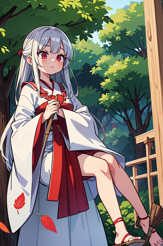 silver haired shrine maiden、shrine、I have a broom、Eyes are red、Hair ruffles、Wind、Fallen leaves