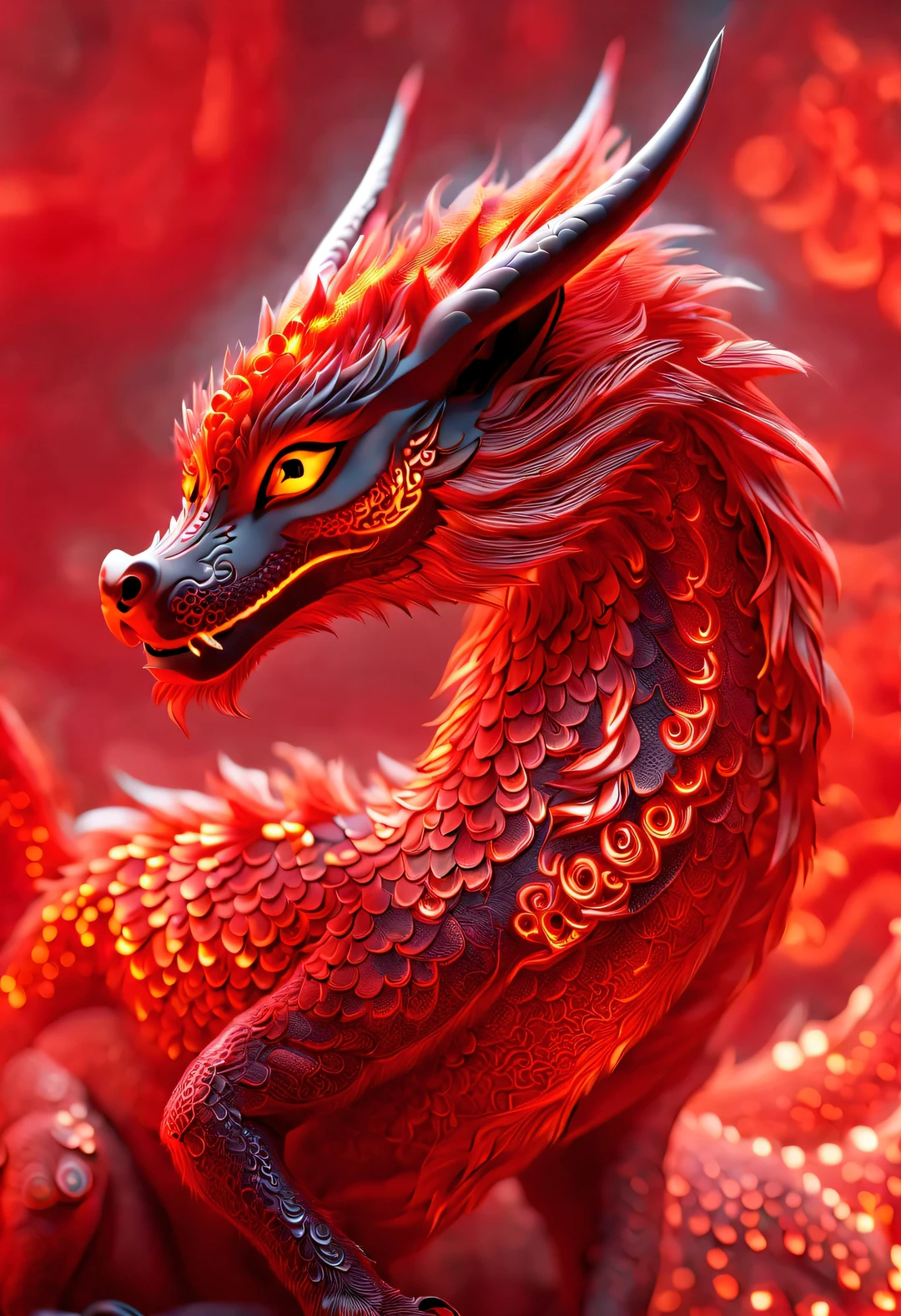 3d rendering, realistic fur, red wallpaper, Simple modern style, beautiful wallpaper, Very slender and naughty orange-red zodiac dragon， eyes on the audience：0.85, Looking at the camera cutely with his head tilted, wearing a hoodie, letter embroidered hoodie "AI": 1.37, Beijing, 🦑 design,
