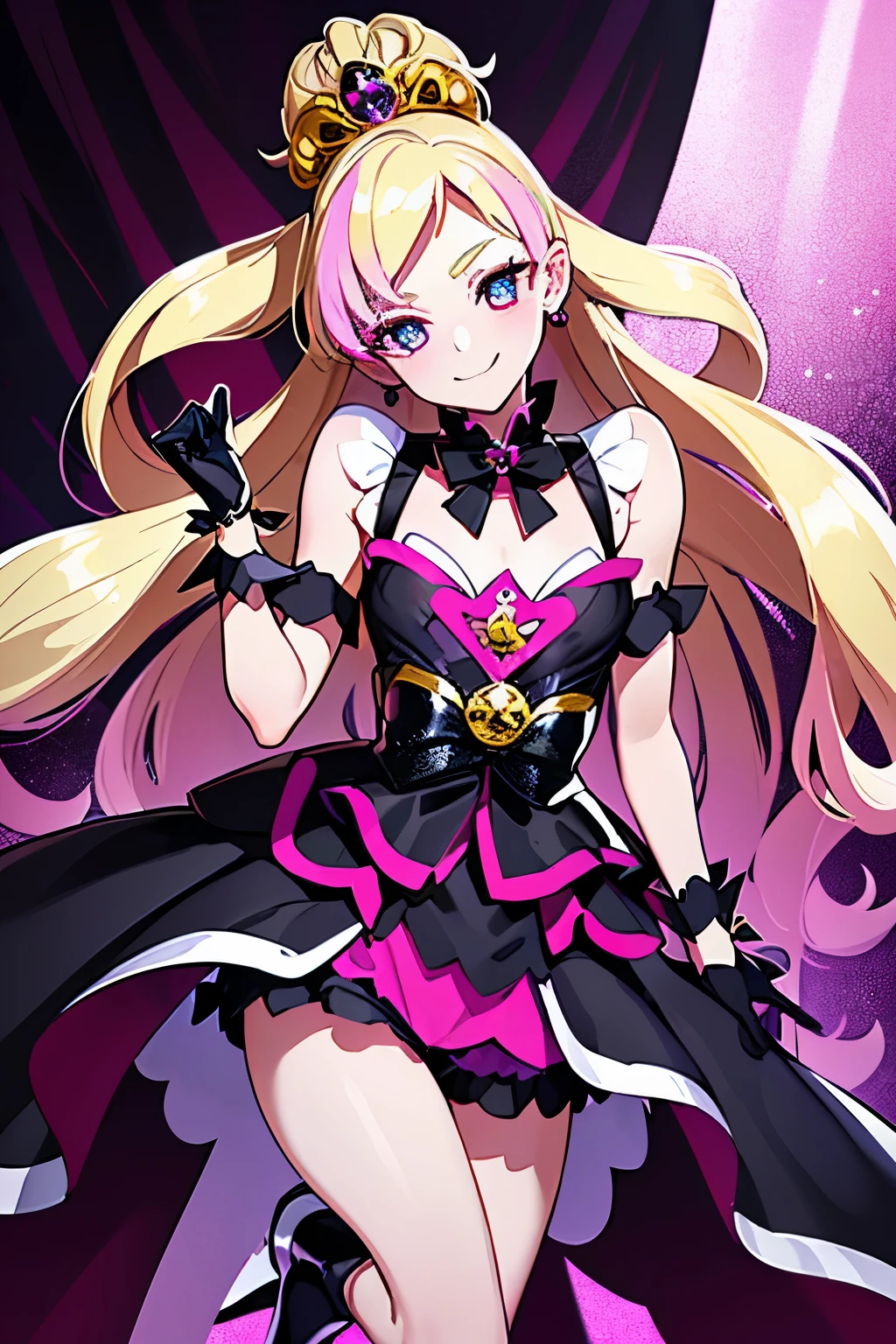 best quality, ultra detailed,1girl, solo, cure flora, (blonde hair), black skirt with frills, black tiara, wrist cuffs, purple shorts, black dress, boots, medium breast, TwilightBelt, black enamel boots, evil smile, (shiny fabric:1.5), full body shot, purple gem, seductive pose, blush, demon tail, (beautiful detailed eyes:1.6), extremely detailed face, perfect lighting, extremely detailed CG, (perfect hands, perfect anatomy), devil tail, red and black color scheme, shiny material, smirks, black ribbon, black satin gloves, bat wings ornament, black frills, jewelry, corruption, latex shine, black gothic cloak, velvet curtain in the background, black rose ornament, purple mesh