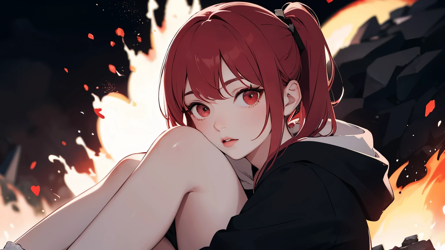 (Best quality, 4K, a high resolution, masterpiece: 1.2), (Heart: 1.2), One girl, with red short wavy hair with ponytails, Detailed red eyes, sits upright, feet forward, bare legs, you can see the whole body from head to toe, wears a dark black oversized long hoodie, without pants, elegant bare legs in white socks out of focus , ultra detailed, Realistic: 1.37, portraits, Dark Fantasy, soft lighting, Beautiful detailed eyes and lips, abstract dark black background of many red hearts, Smoke, pop-art, lava, Explosions, monsters
