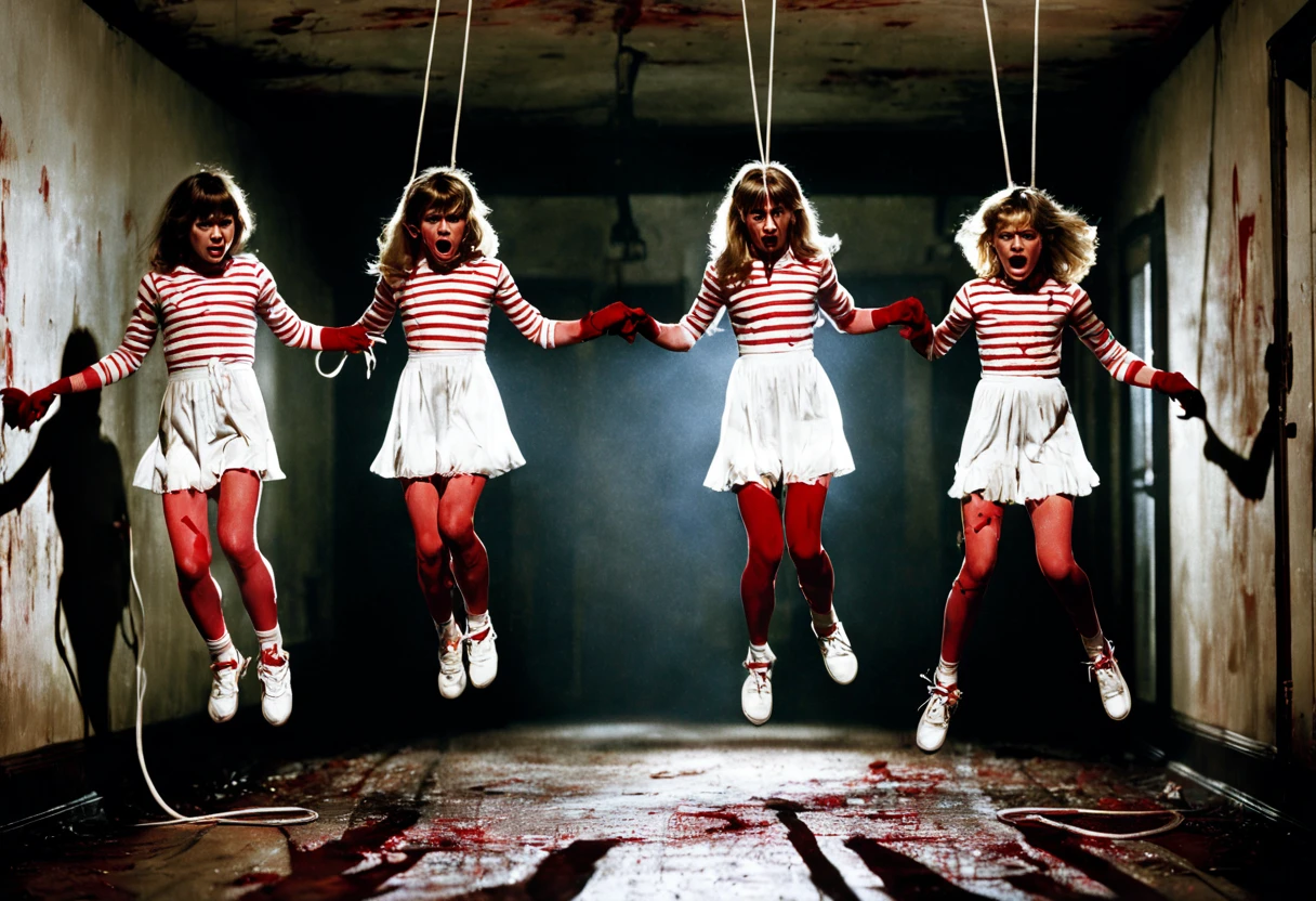 "A Nightmare on Elm Street," the 1984 movie. Three Girls in white jumping on a jump rope and counting a counting rope . Multilayered. Double exposure. Dark corridor at the end with Freddy Krueger's shadow. Razor gloves . Blood and mold leaks . Dramatic lighting. Shadows intensifying the atmosphere of horror. Hyperdetailing. 32к