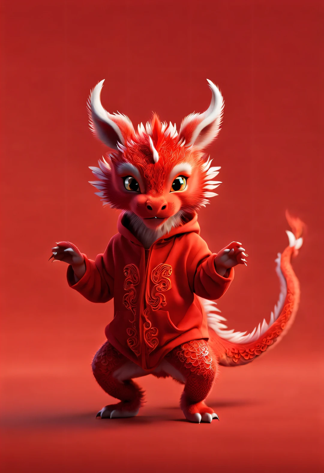 3d rendering, realistic fur, red wallpaper, Simple modern style, beautiful wallpaper, Super skinny naughty red and orange zodiac dragon baby dances playfully, frontal portrait, (looking at camera), Beijing, 🦑 design, (Wearing an embroidered hoodie), (monogrammed hoodie "AI": 1.37)