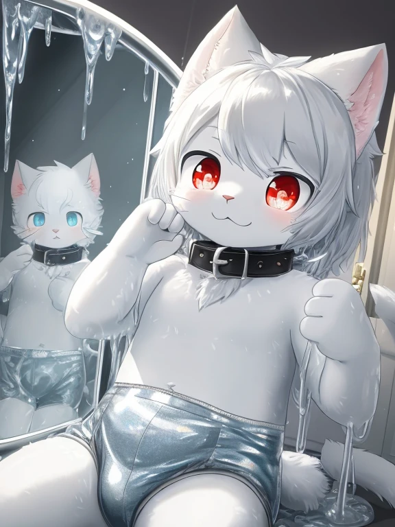 (best quality,4K,8k,high resolution,masterpiece:1.2),super detailed,Cat,white Cat,diaper,Cat wearing a diaper,hairy male body,Shiny silver slime covers the body,Silver mucus flows down the body,Glittery silver slime,white collar around neck,red pupils,Cat ears,Cat nose,slimy texture,sparkling slime,Reflective surface,Light shines on the silver slime,soft fur,curious expression,Playful gestures,Happy gaze,deliCate whiskers,Subtle fur details,lovely Cat