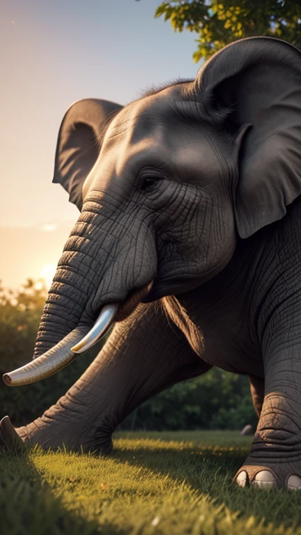 3d animated elephant,smiling,playful,tusked,large ears,long trunk,expressive eyes,curved tail,gray skin,elephant texture,realistic movement,vivid colors,(best quality,4k,8k,highres,masterpiece:1.2),ultra-detailed,(realistic,photorealistic,photo-realistic:1.37),animation studio lighting,fluid animation,professional,sunlit background,lush greenery,grass field,bokeh