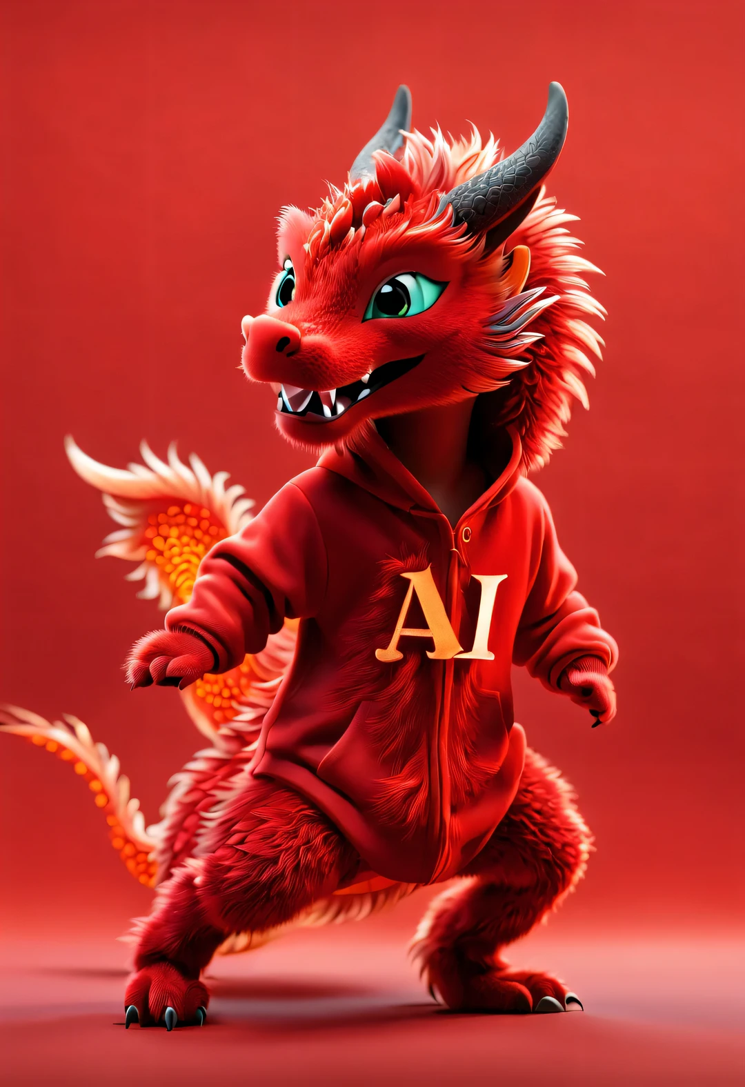 3d rendering, realistic fur, red wallpaper, Simple modern style, beautiful wallpaper, Super skinny naughty red and orange zodiac dragon baby dances playfully, frontal portrait, (looking at camera), Beijing, 🦑 design, (Wearing an embroidered hoodie), (monogrammed hoodie "AI": 1.37)